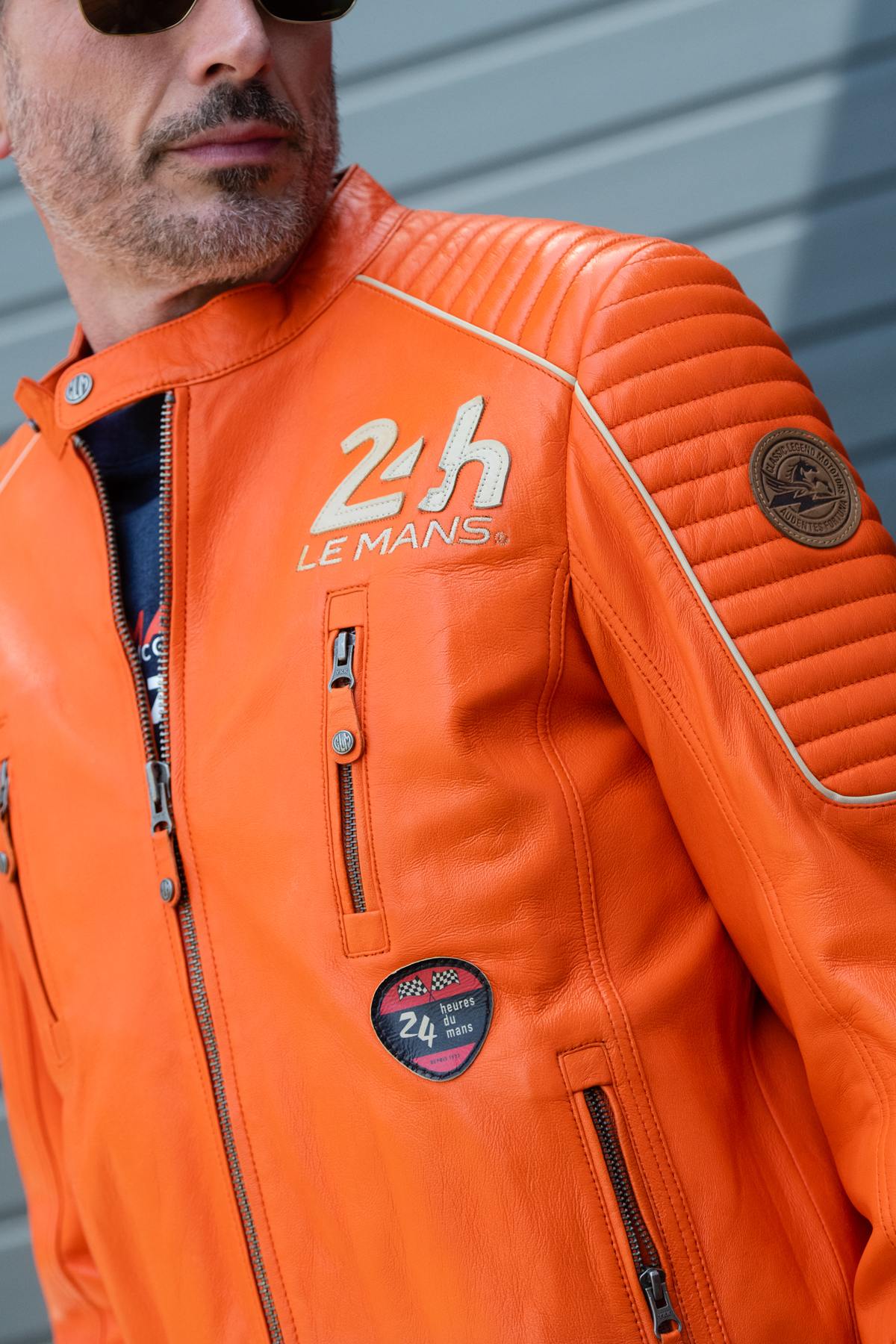 Racing-style jacket in orange leather - Image n°5