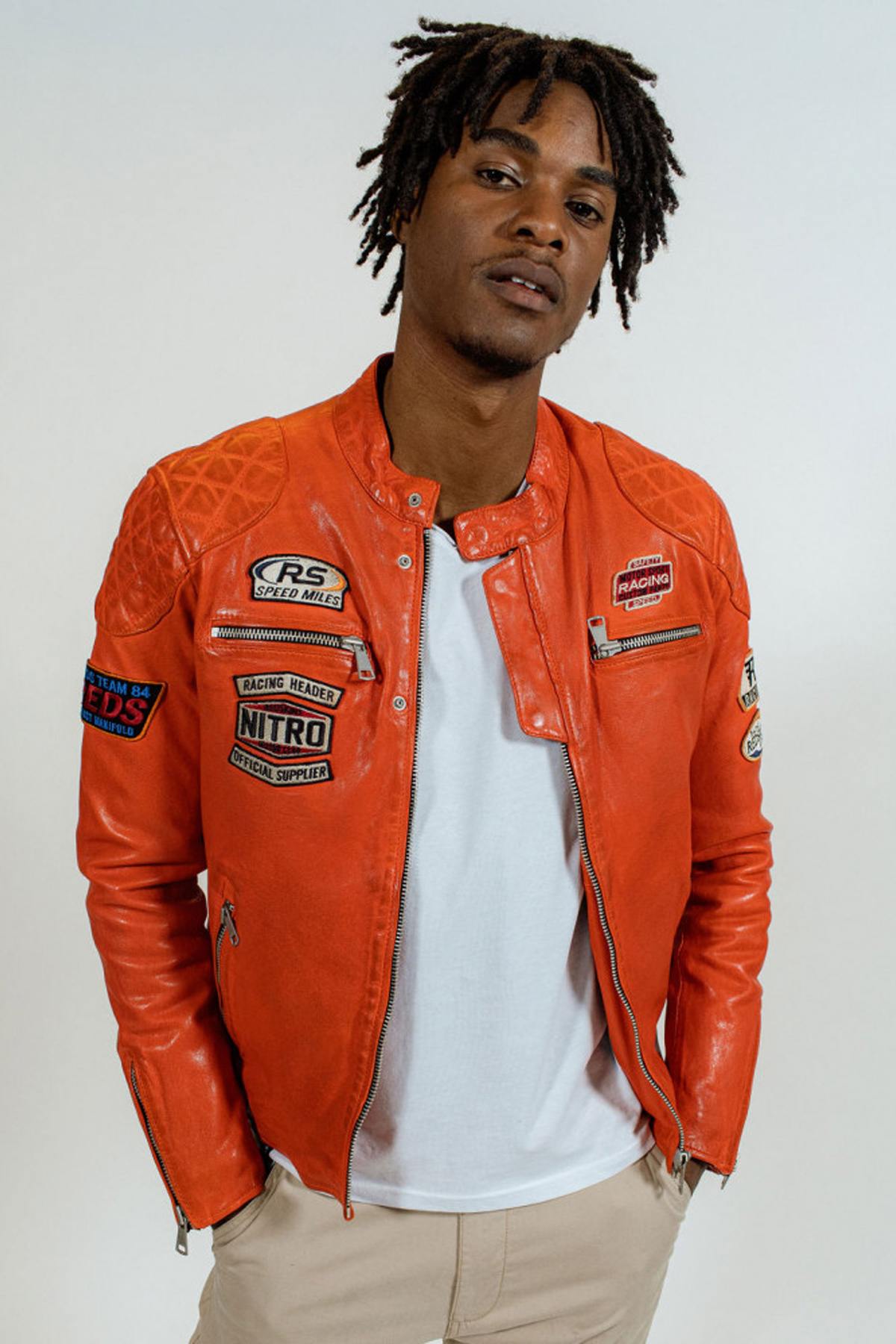 Orange biker racing style leather jacket - Image n°1