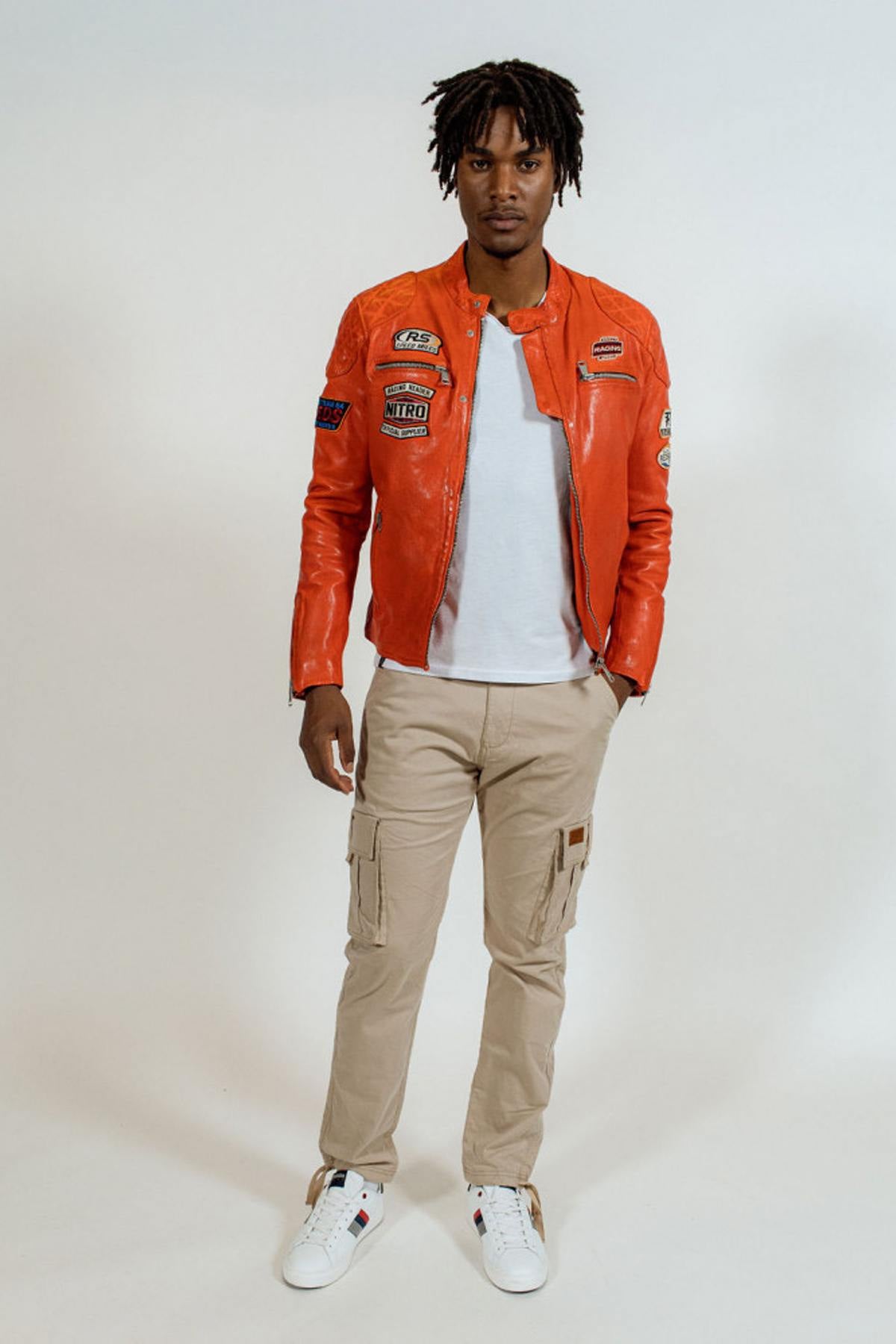 Orange biker racing style leather jacket - Image n°2