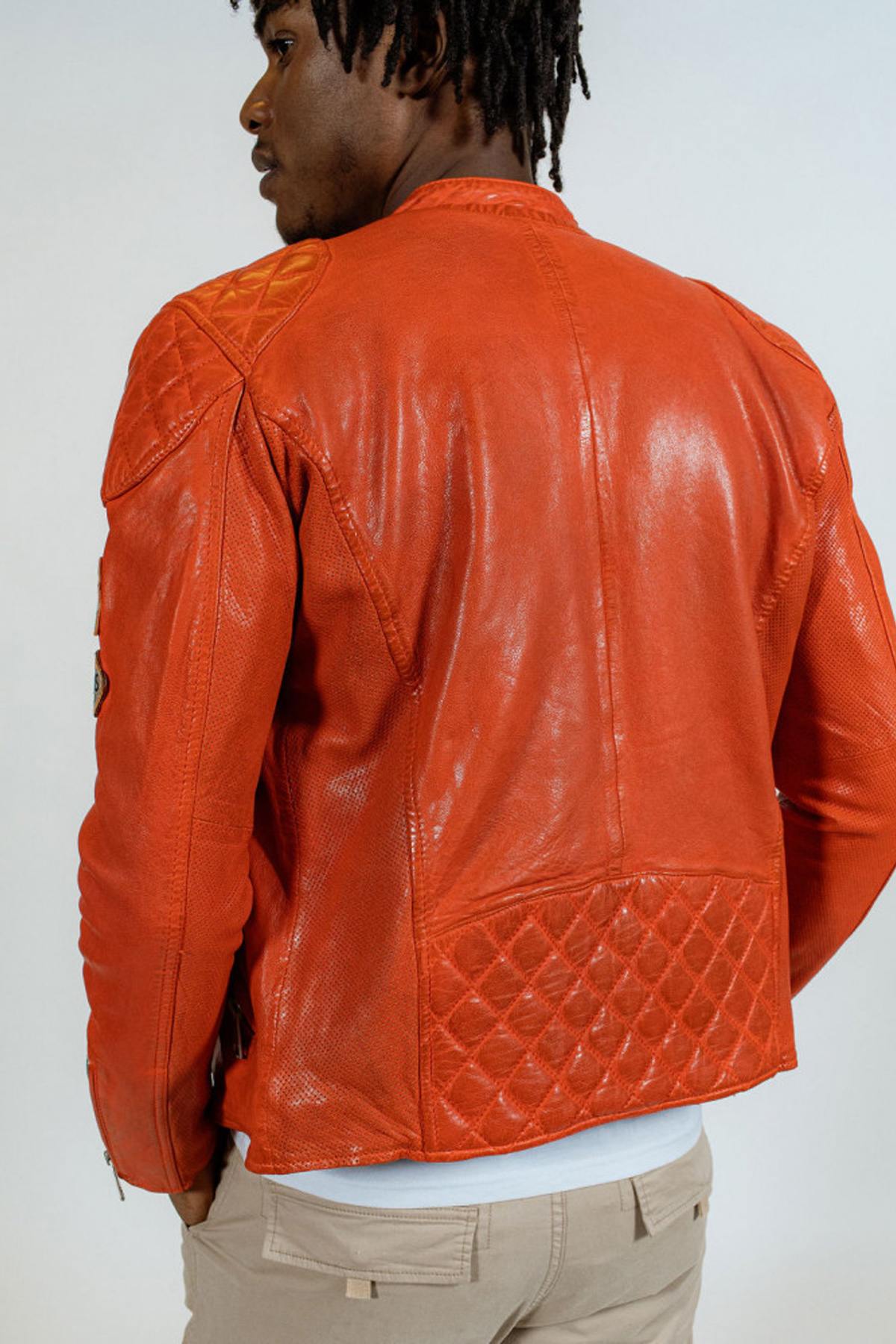 Orange biker racing style leather jacket - Image n°3