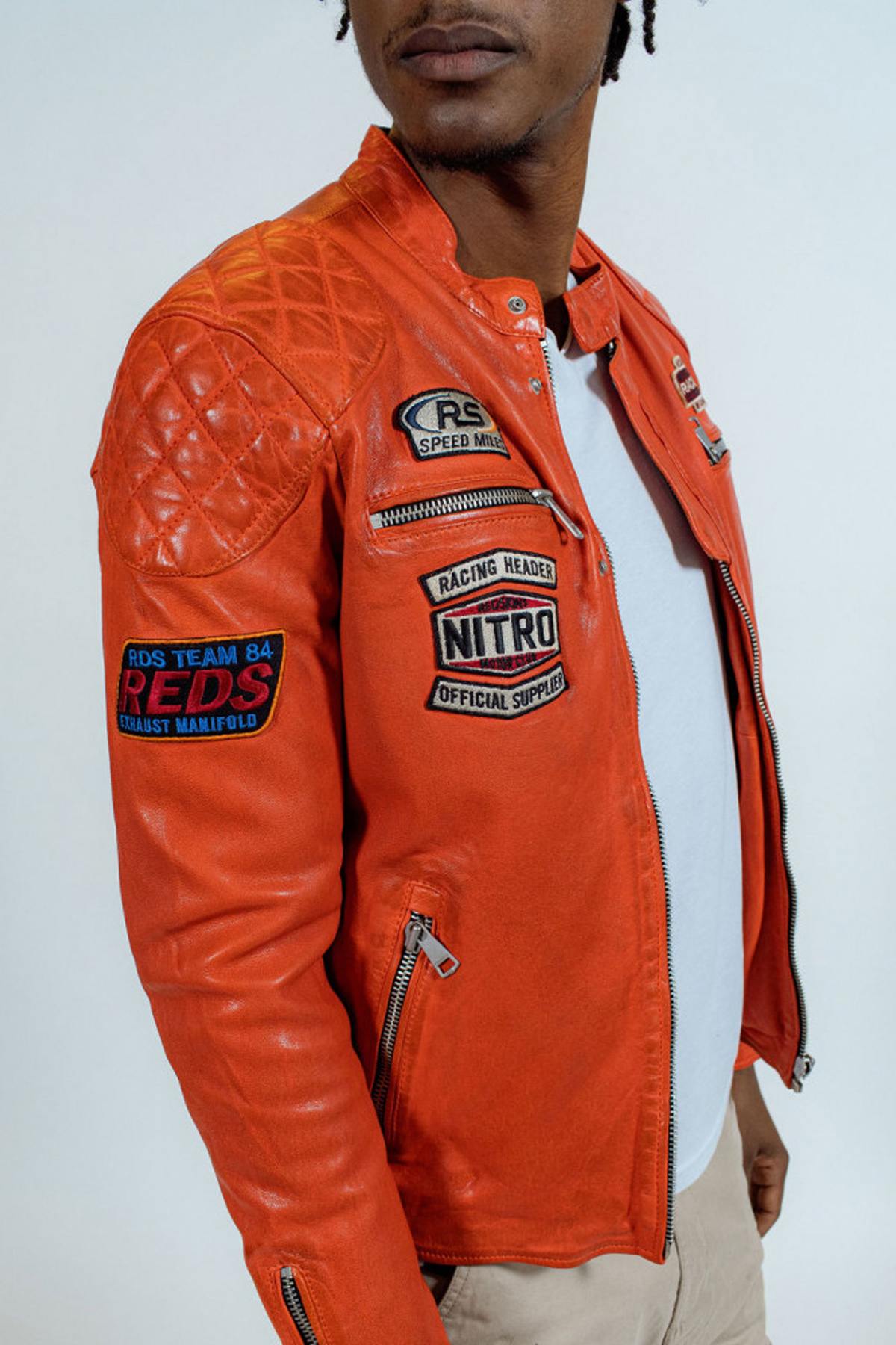 Orange biker racing style leather jacket - Image n°6