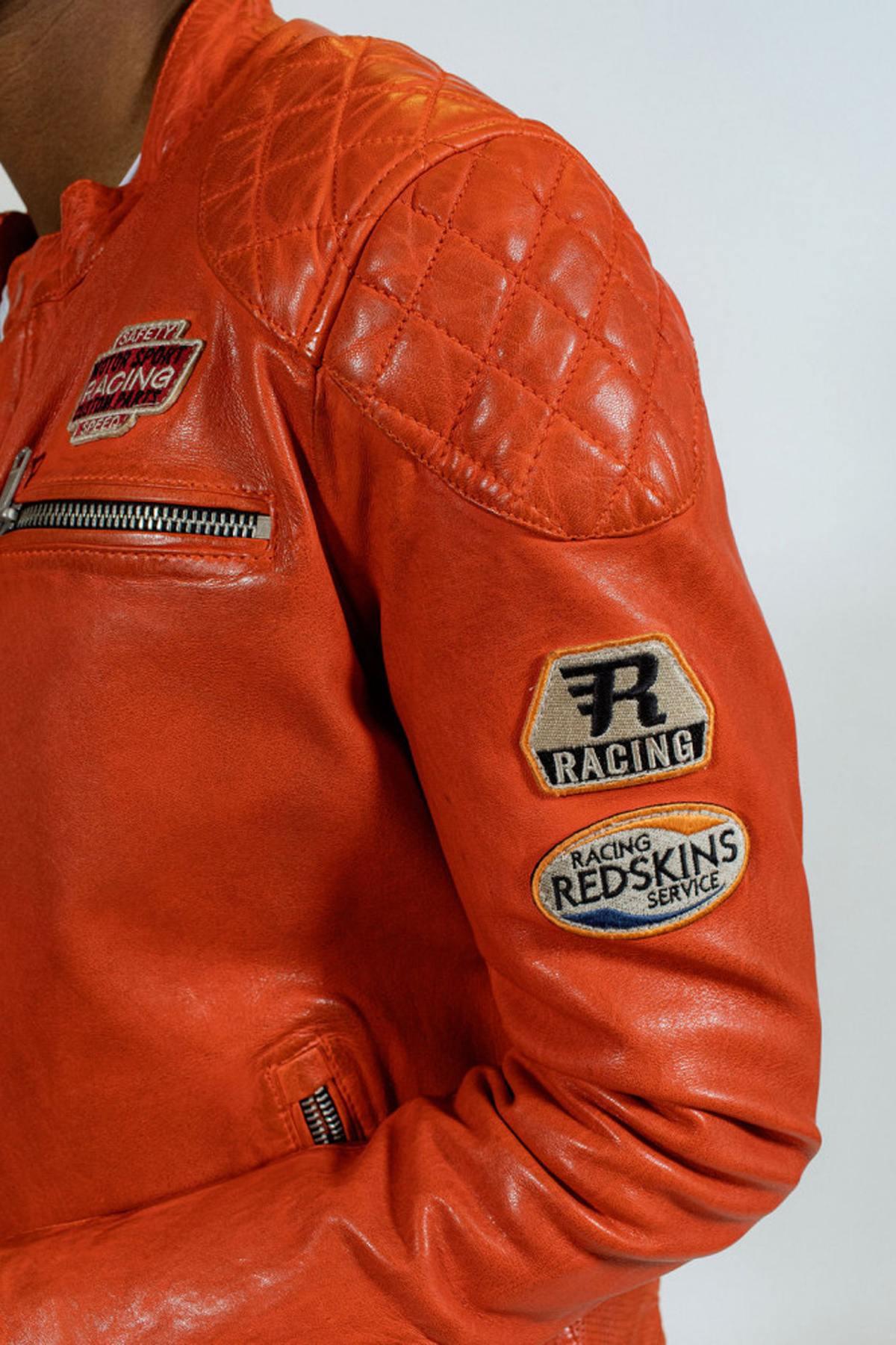 Orange biker racing style leather jacket - Image n°5