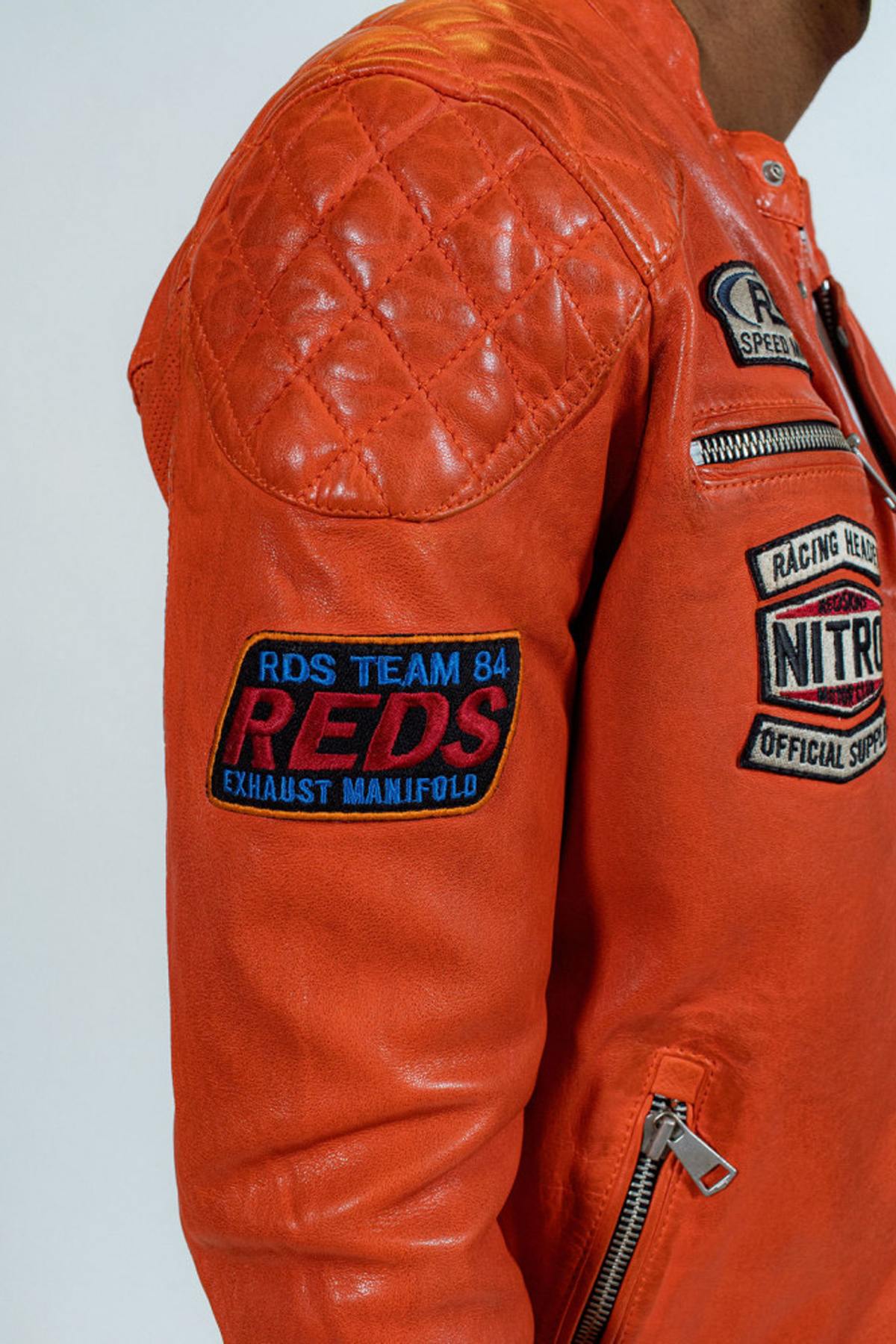 Orange biker racing style leather jacket - Image n°7