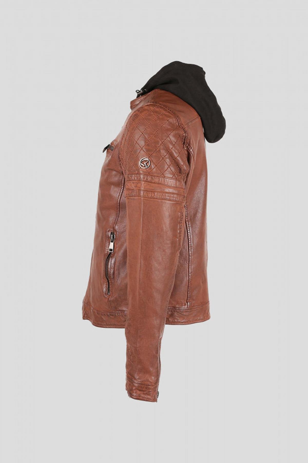 Cognac leather jacket with removable hood - Image n°9