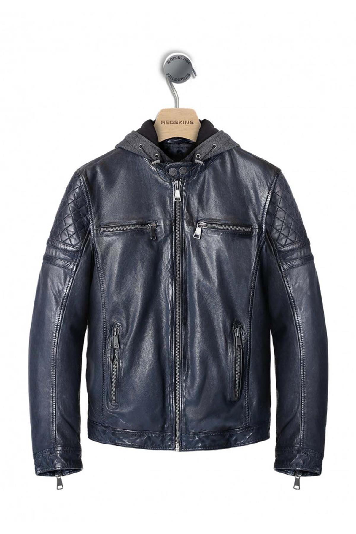 Navy blue leather jacket with removable hood - Image n°9