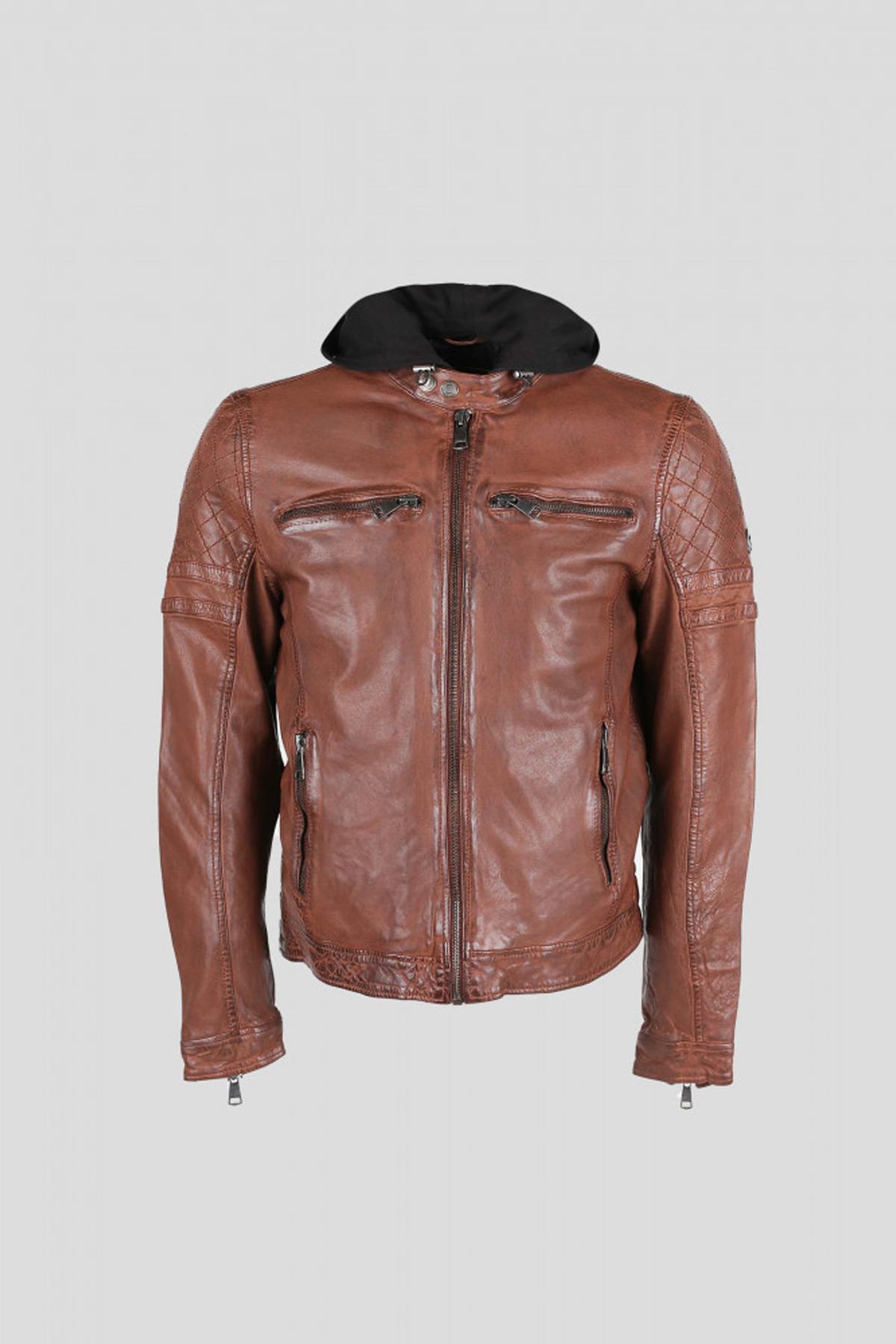 Cognac leather jacket with removable hood - Image n°8