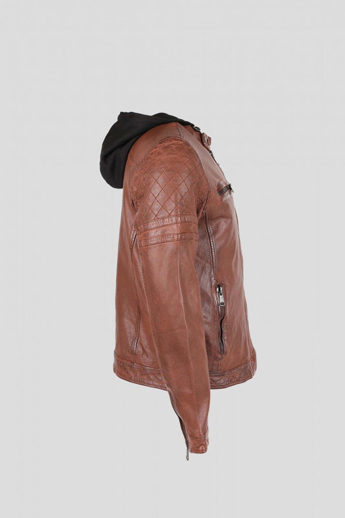 Cognac leather jacket with removable hood - Image n°11