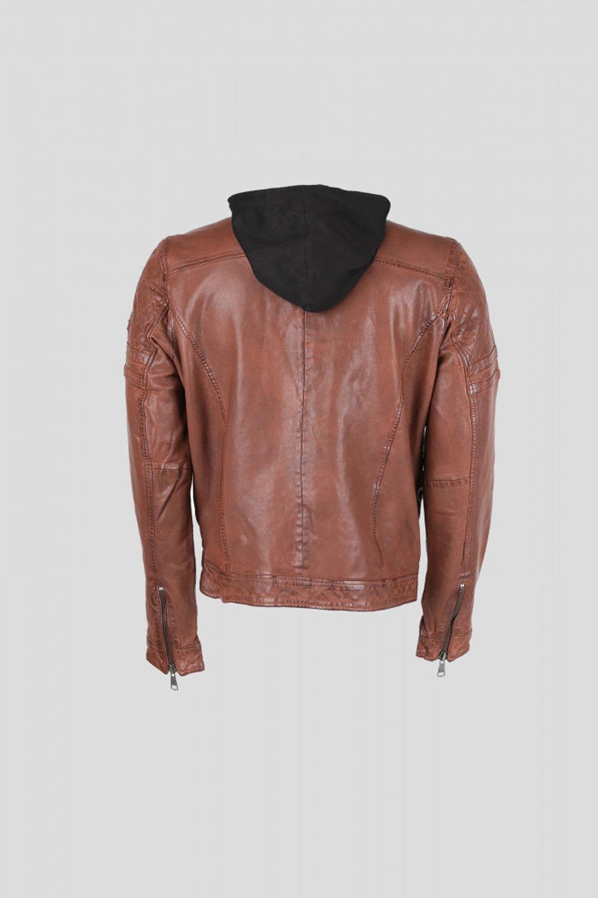 Cognac leather jacket with removable hood - Image n°10