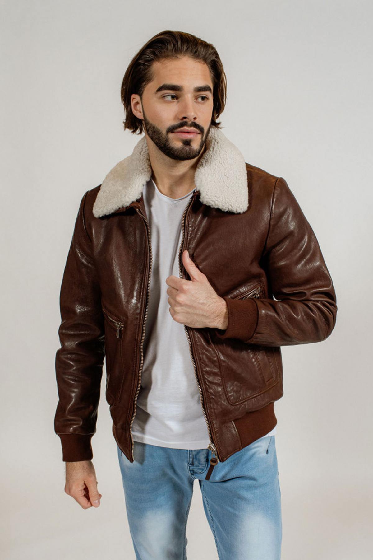 Eco-responsible leather jacket with fur-lined collar - Image n°1