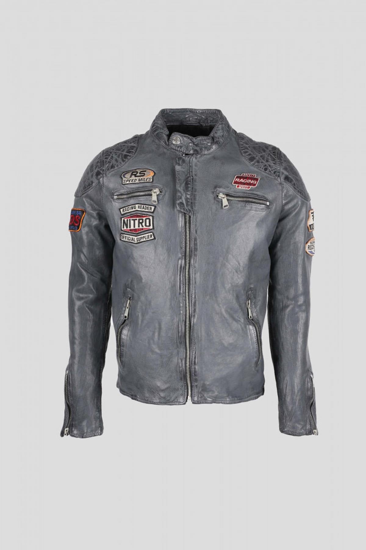 Gray leather racing jacket - Image n°10