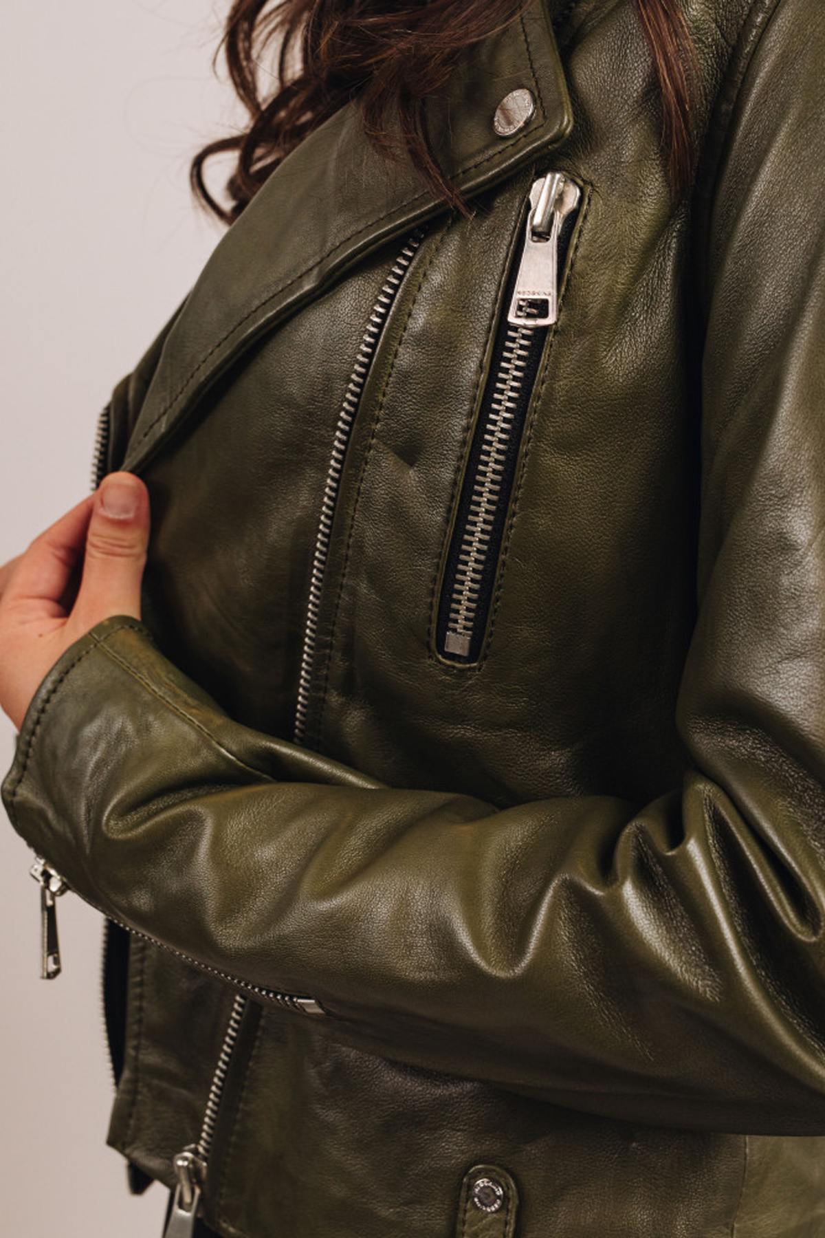 Short khaki leather Biker Jacket - Image n°5