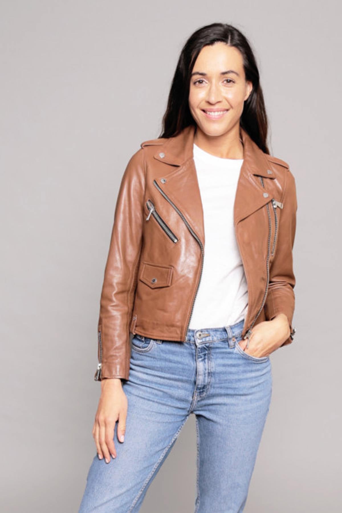 Women's Biker Jacket in cognac leather - Image n°1