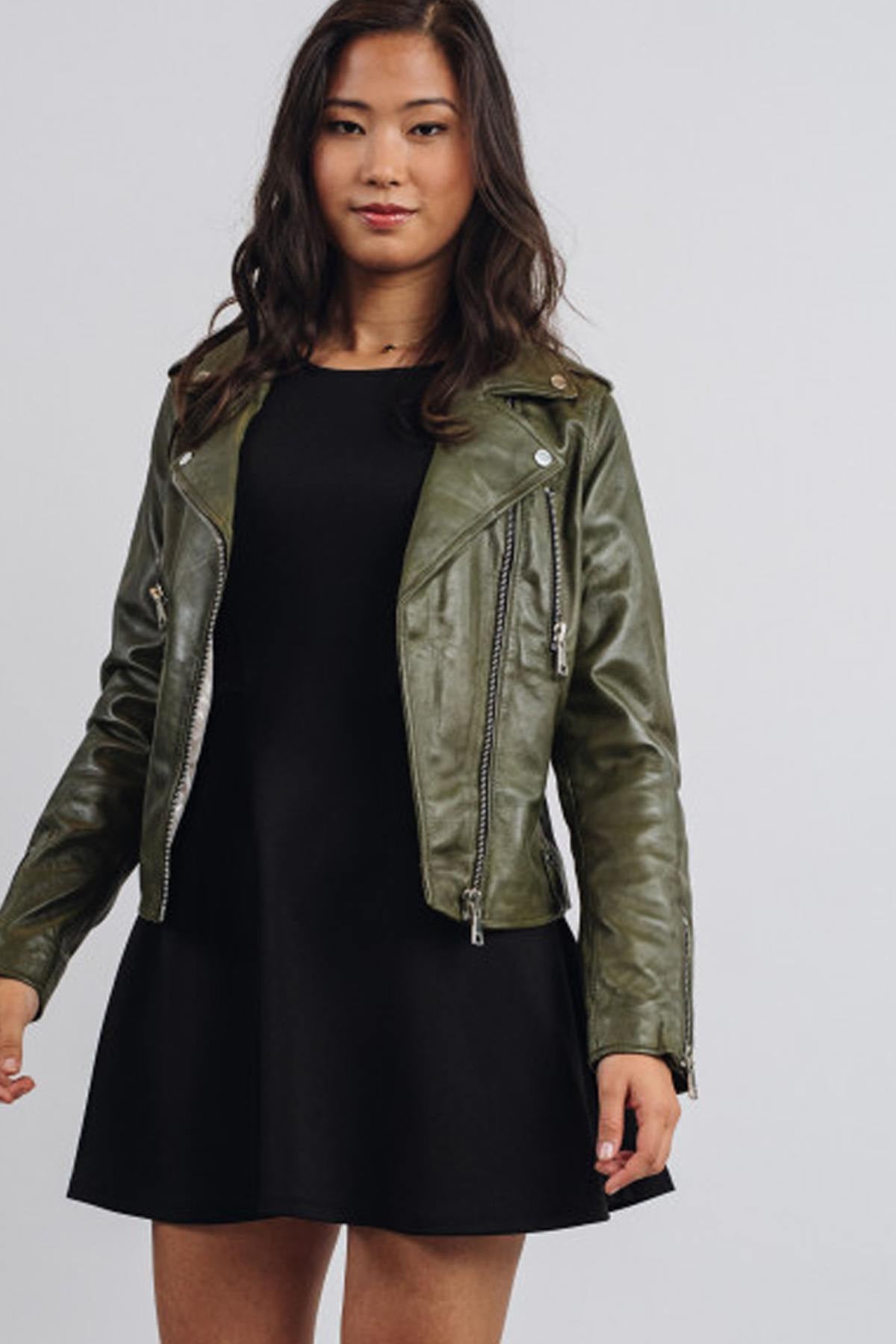 Short khaki leather Biker Jacket - Image n°1