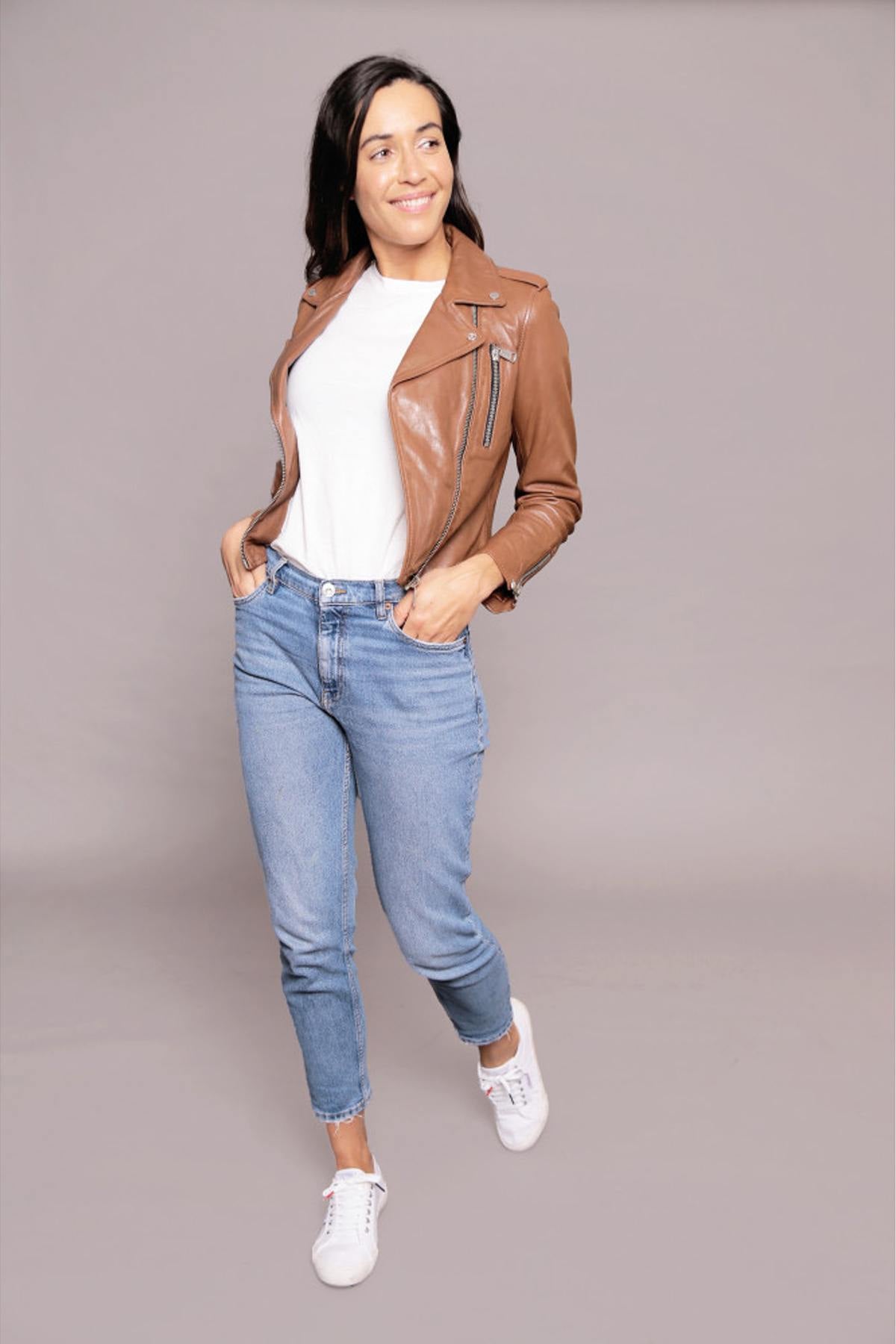 Women's Biker Jacket in cognac leather - Image n°2