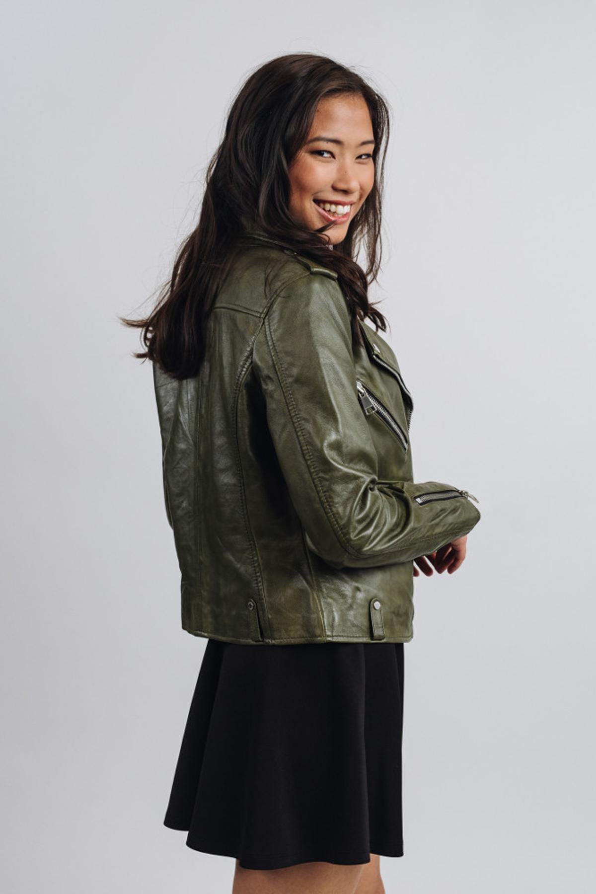 Short khaki leather Biker Jacket - Image n°4