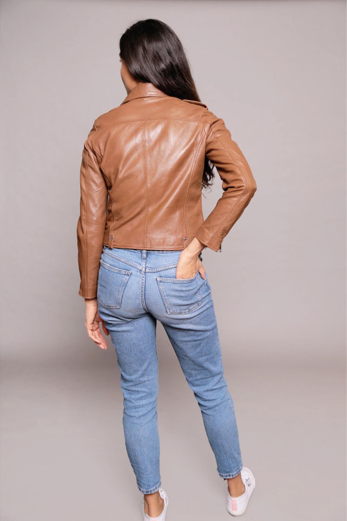 Women's Biker Jacket in cognac leather - Image n°6