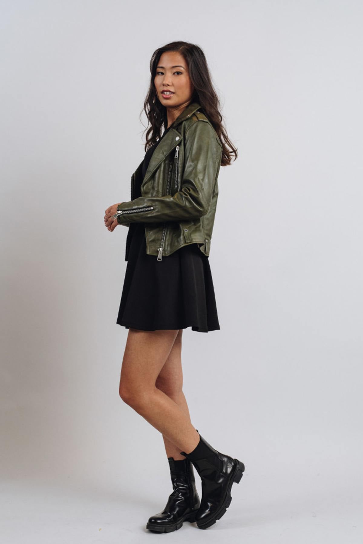 Short khaki leather Biker Jacket - Image n°2