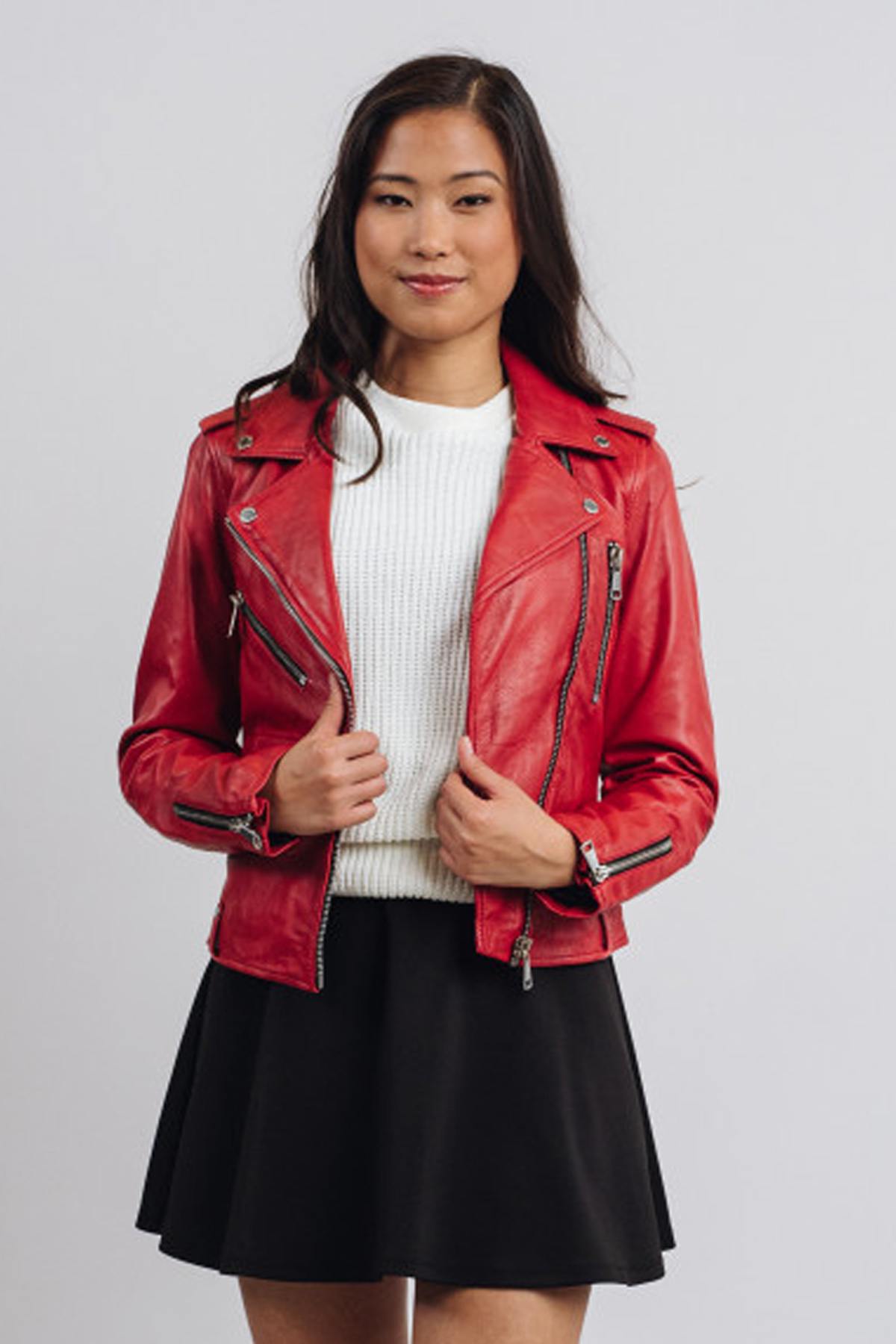 Biker style jacket in red sheep leather - Image n°1