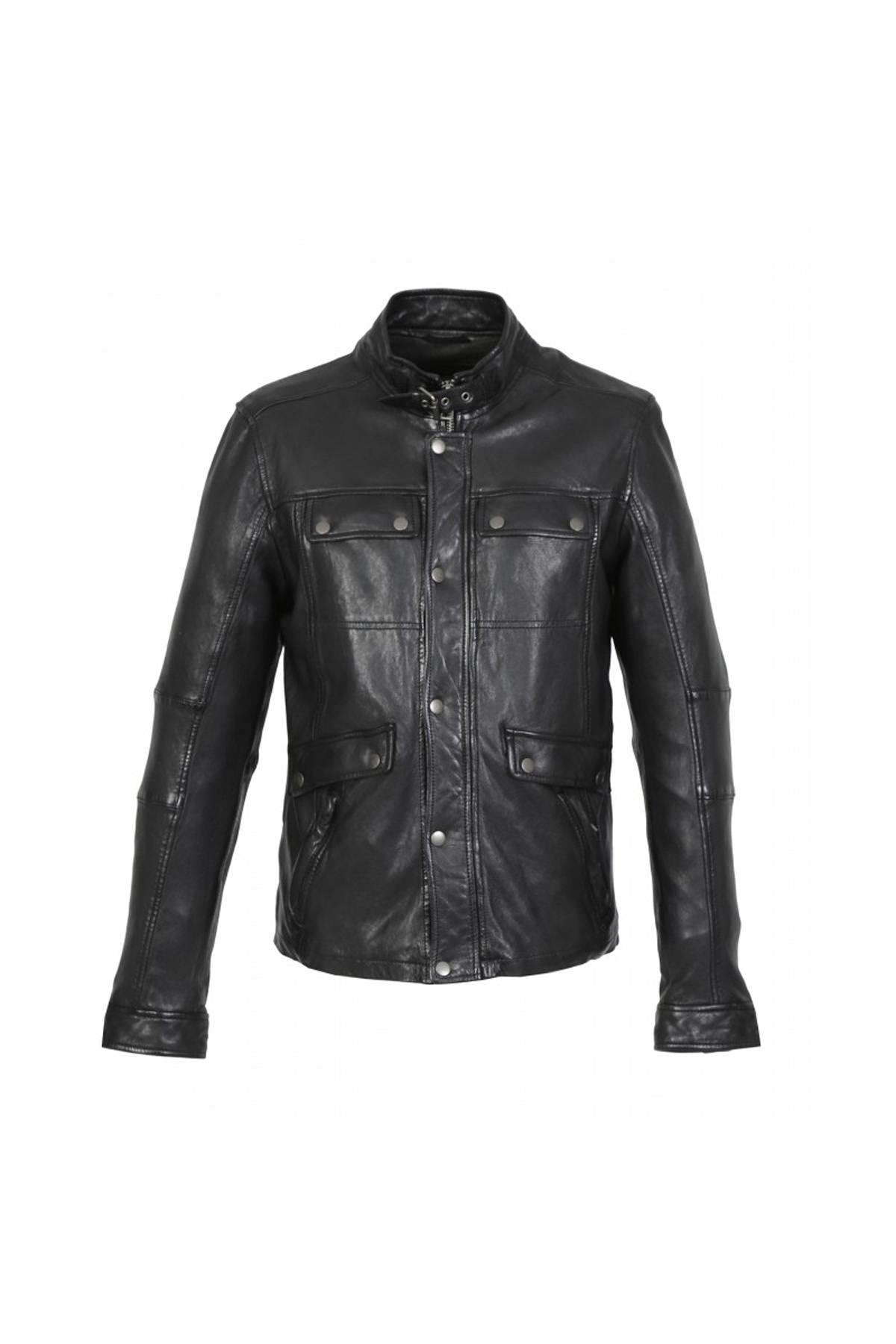 Slim fit black leather stand-up collar jacket - Image n°9