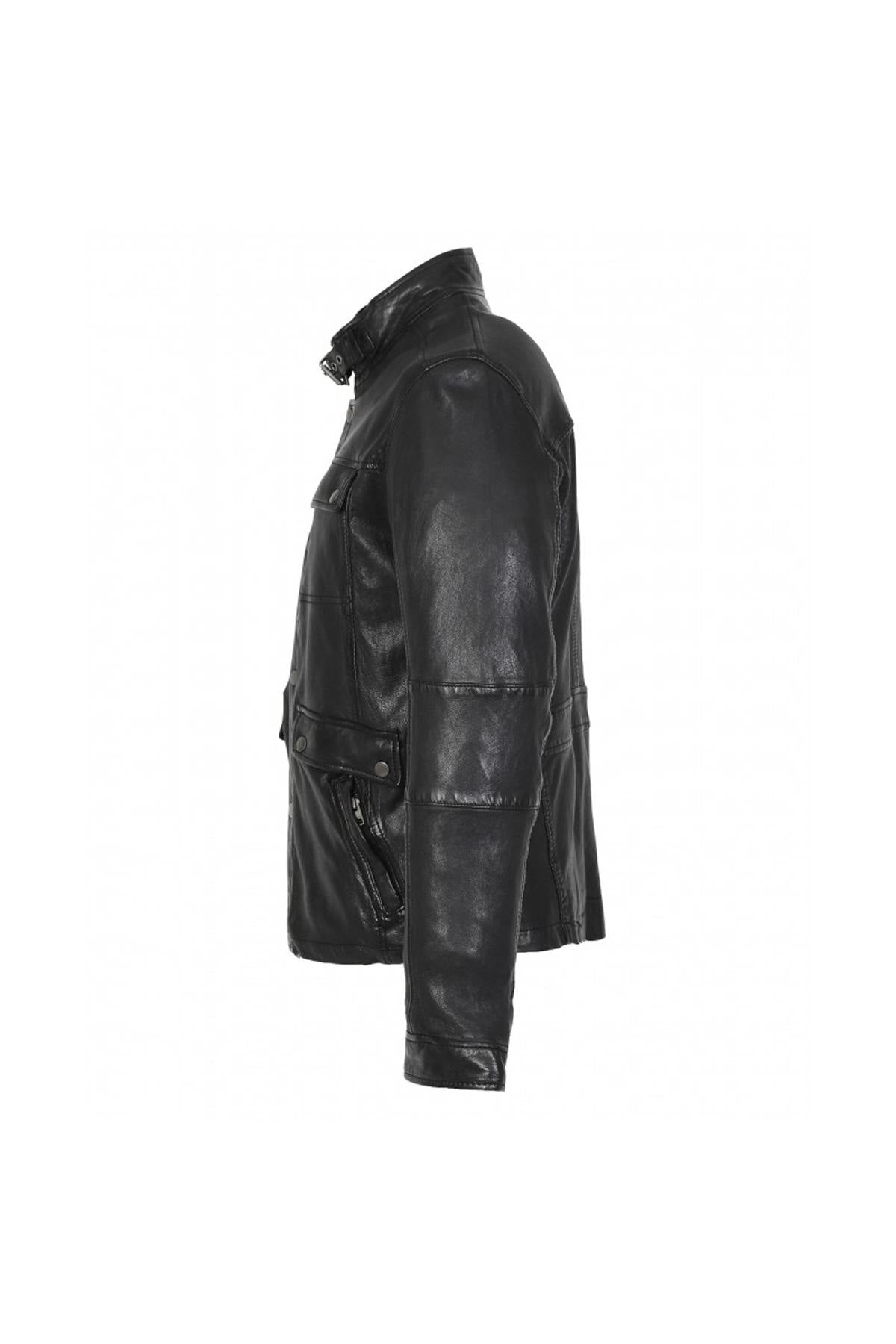 Slim fit black leather stand-up collar jacket - Image n°10