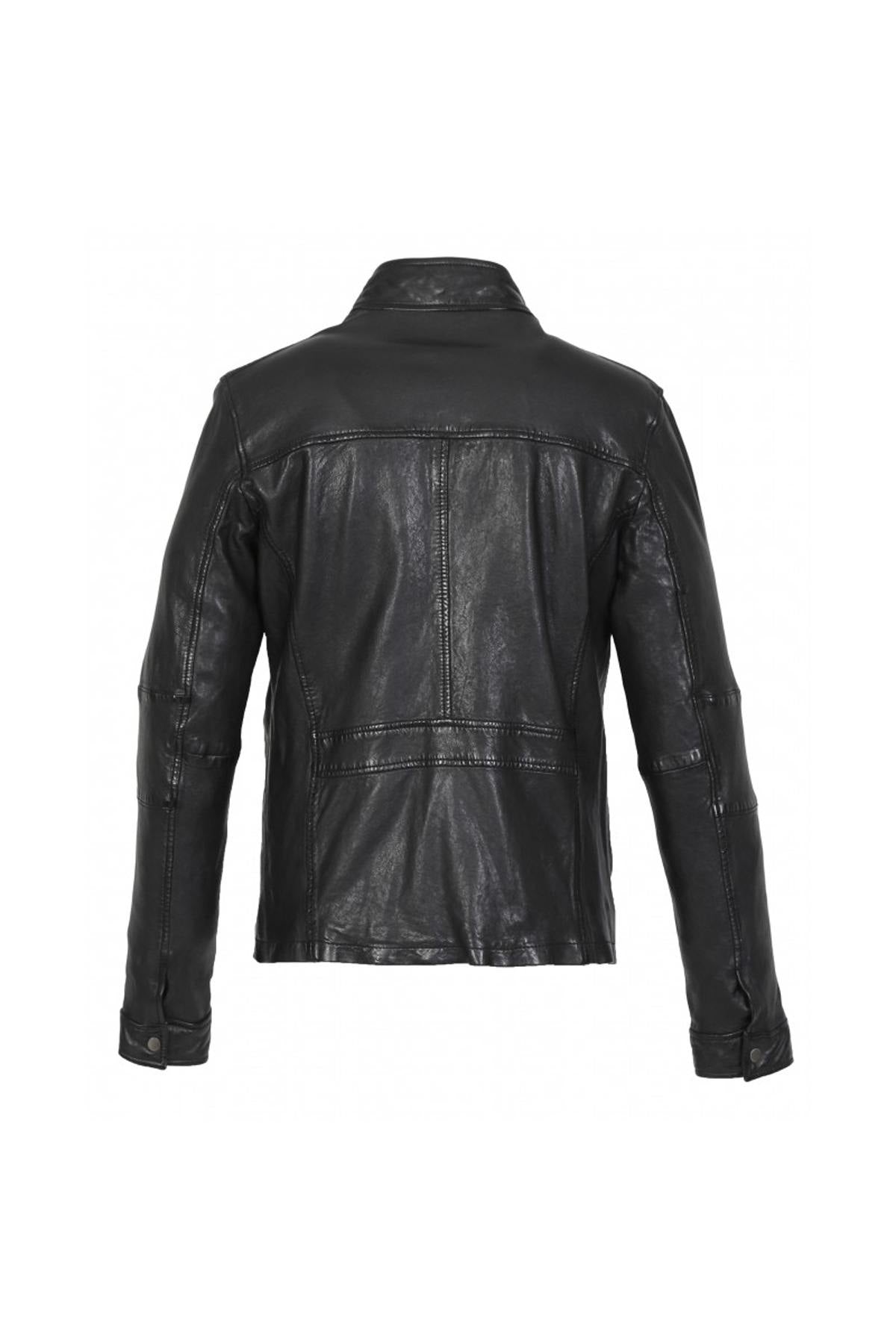 Slim fit black leather stand-up collar jacket - Image n°12