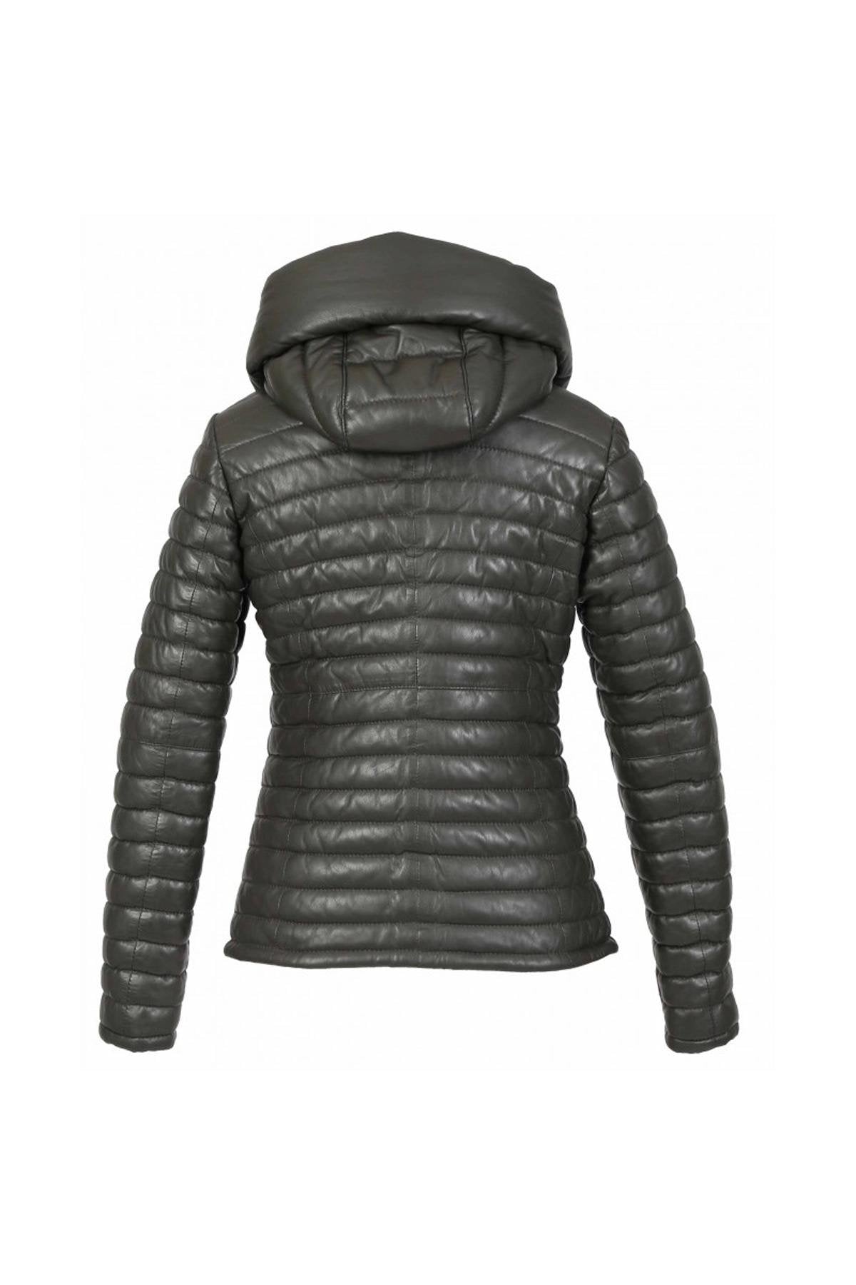 Khaki genuine sheepskin leather down jacket - Image n°4