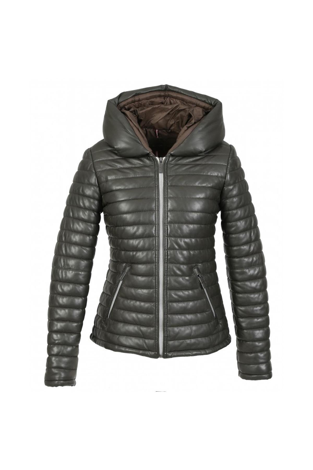 Khaki genuine sheepskin leather down jacket - Image n°3