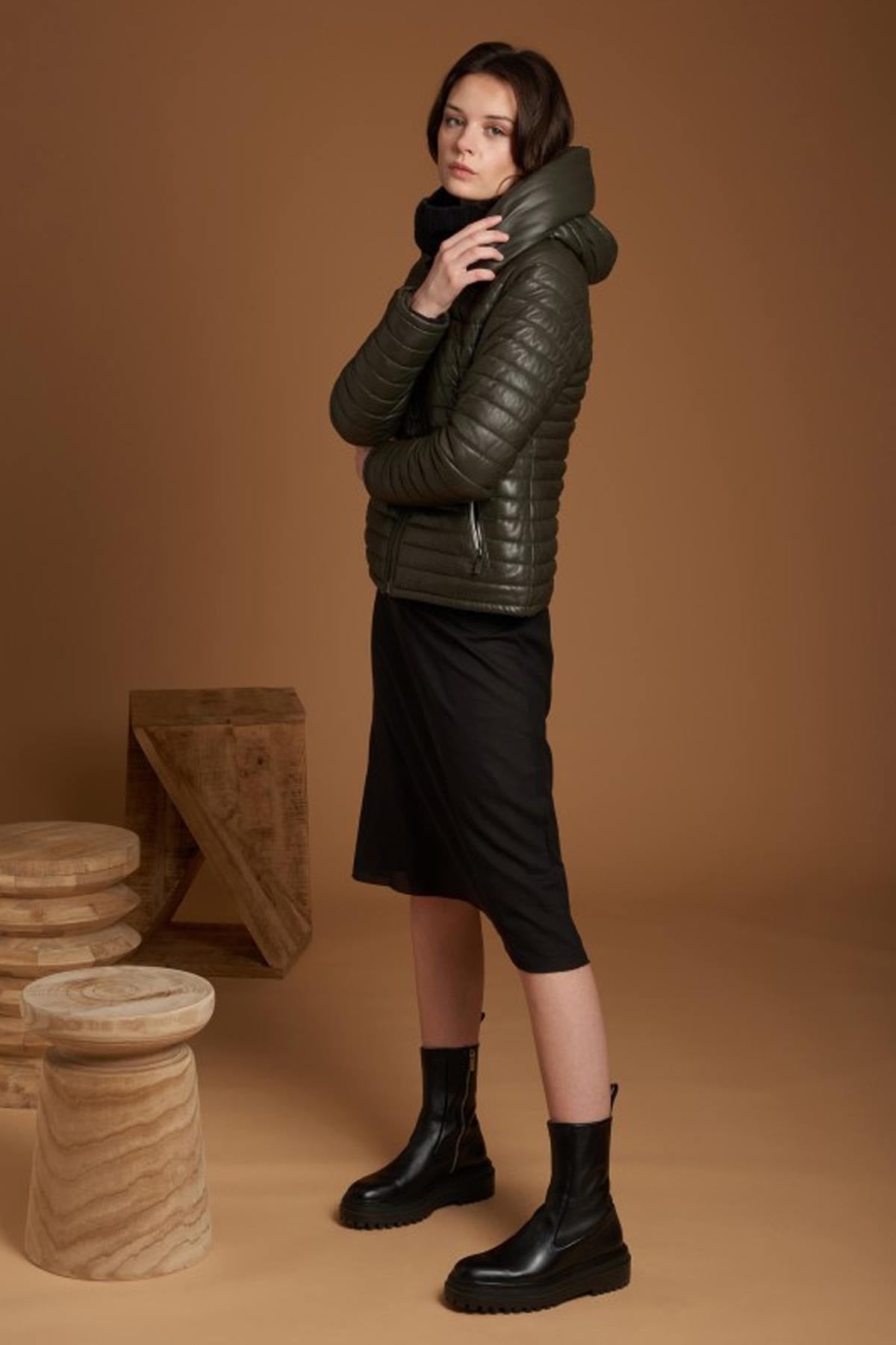 Khaki genuine sheepskin leather down jacket - Image n°2