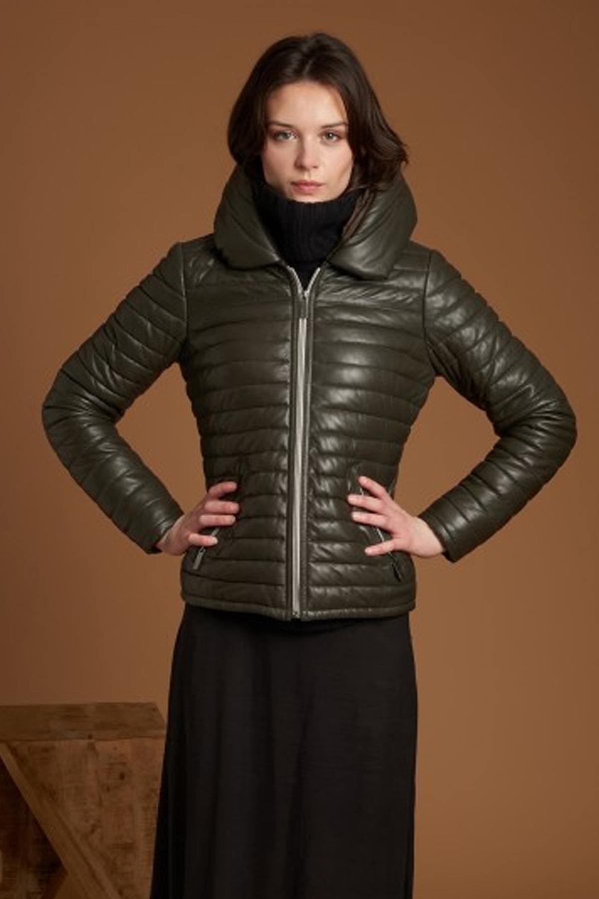 Khaki genuine sheepskin leather down jacket - Image n°1