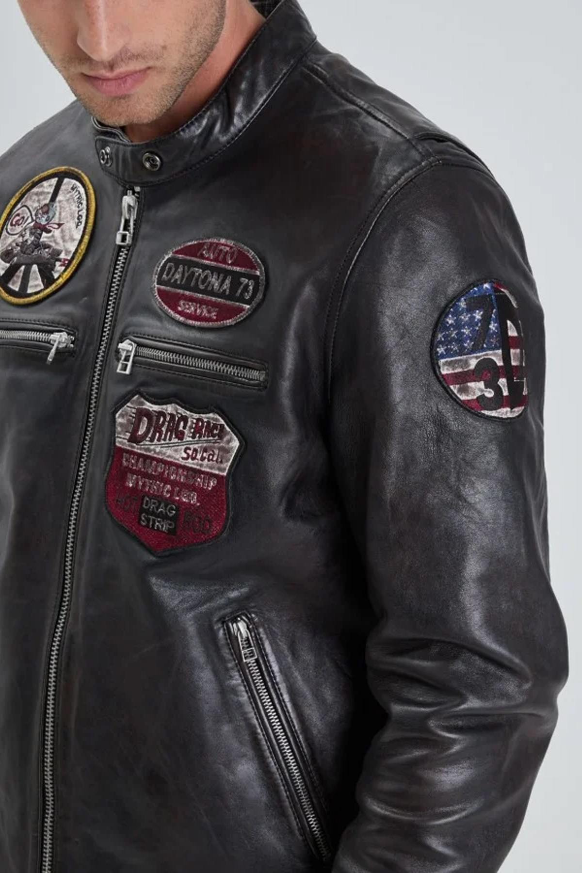 Retro black racing jacket in aged lambskin - Image n°6