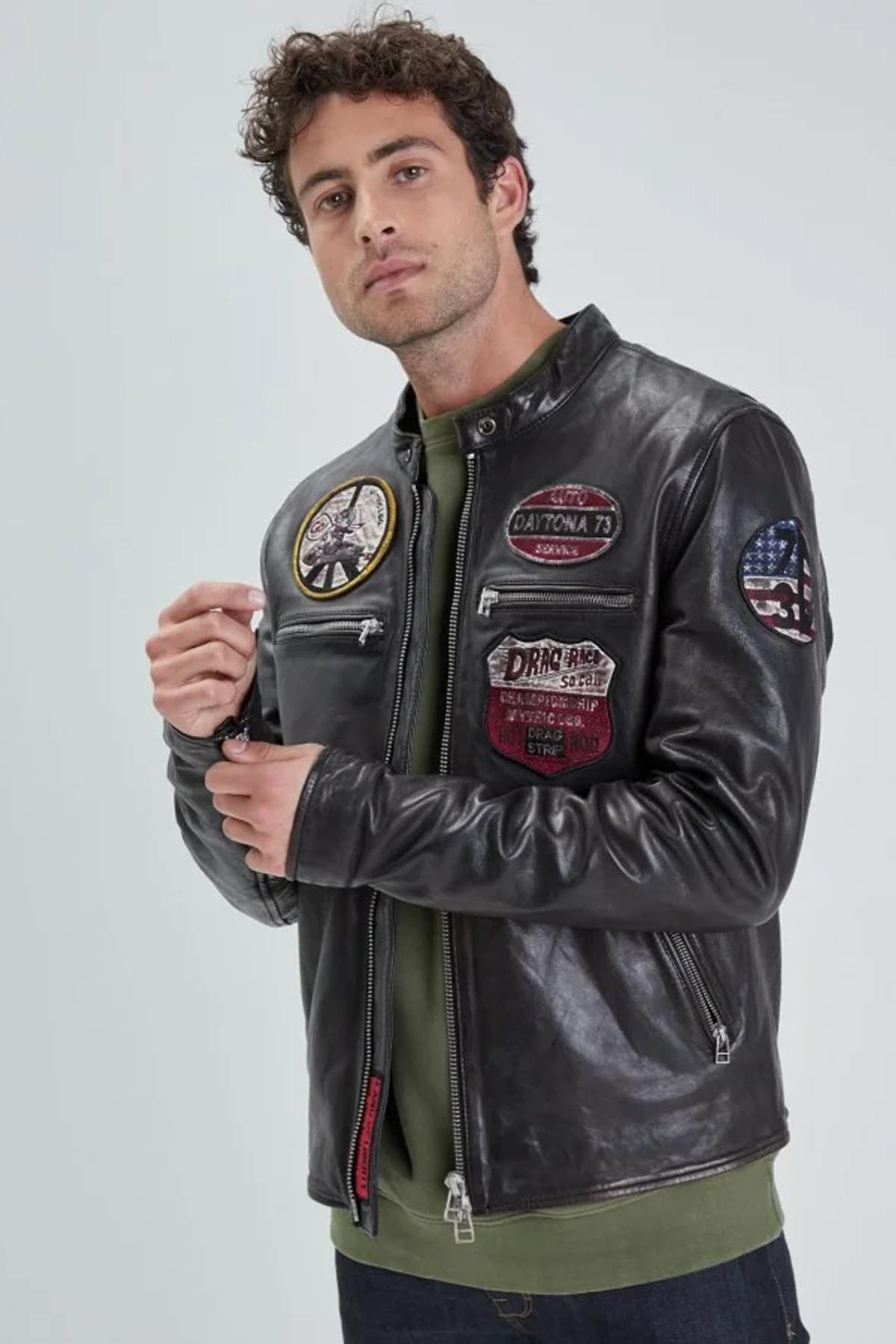 Retro black racing jacket in aged lambskin - Image n°1