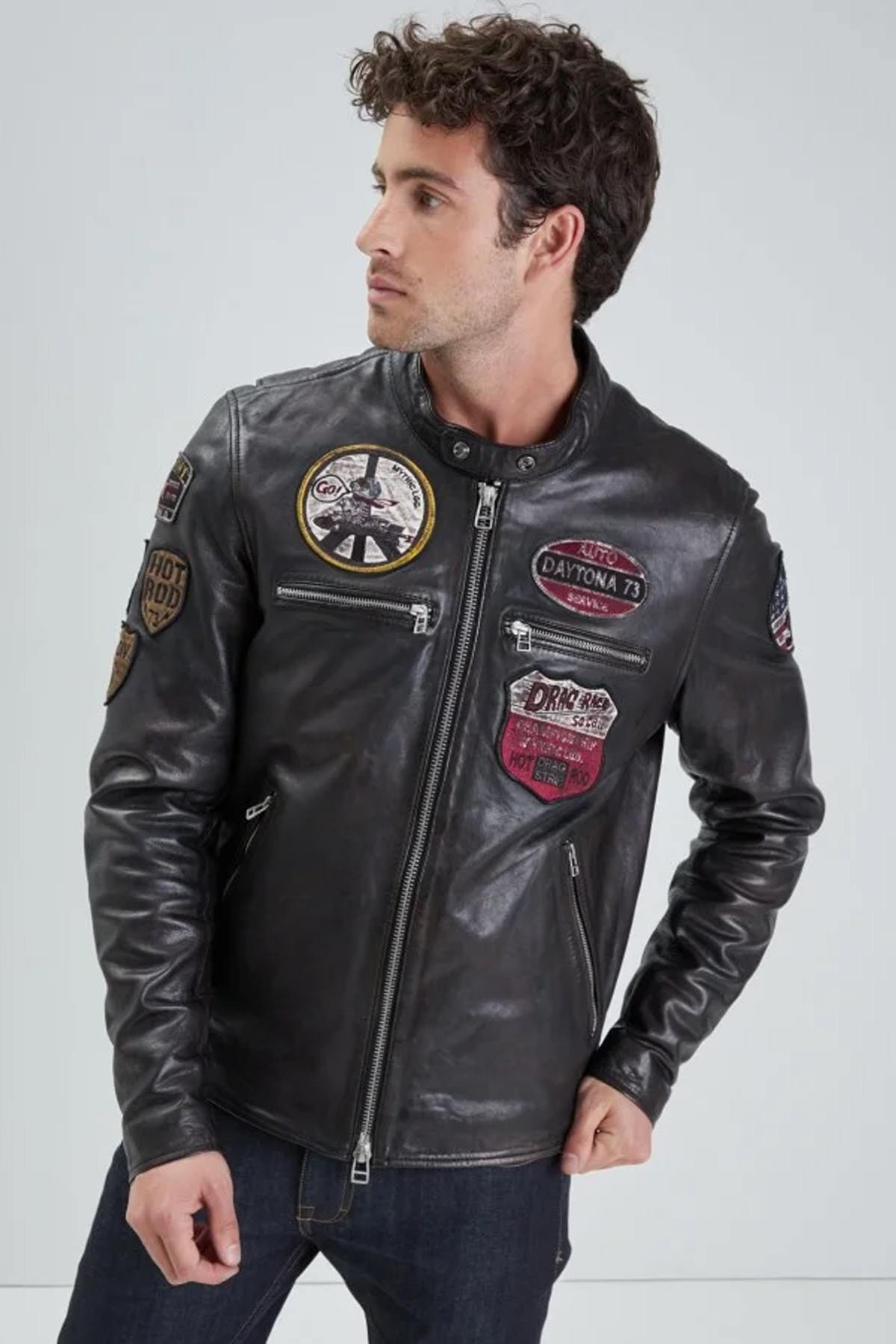 Retro black racing jacket in aged lambskin - Image n°4