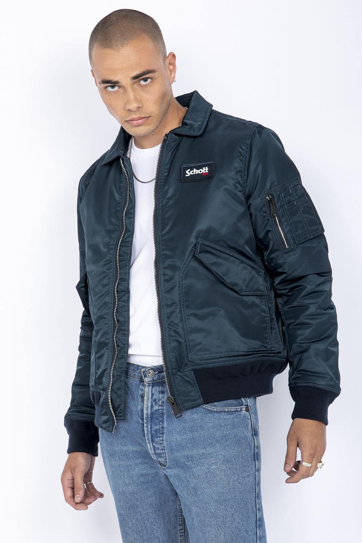 Navy blue recycled nylon bomber jacket - Image n°1