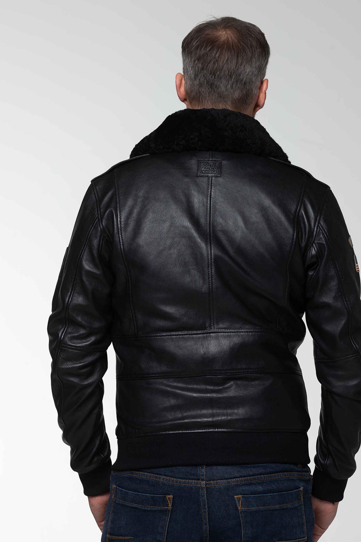 Steve McQueen black leather jacket with fur-lined shirt collar - Image n°5