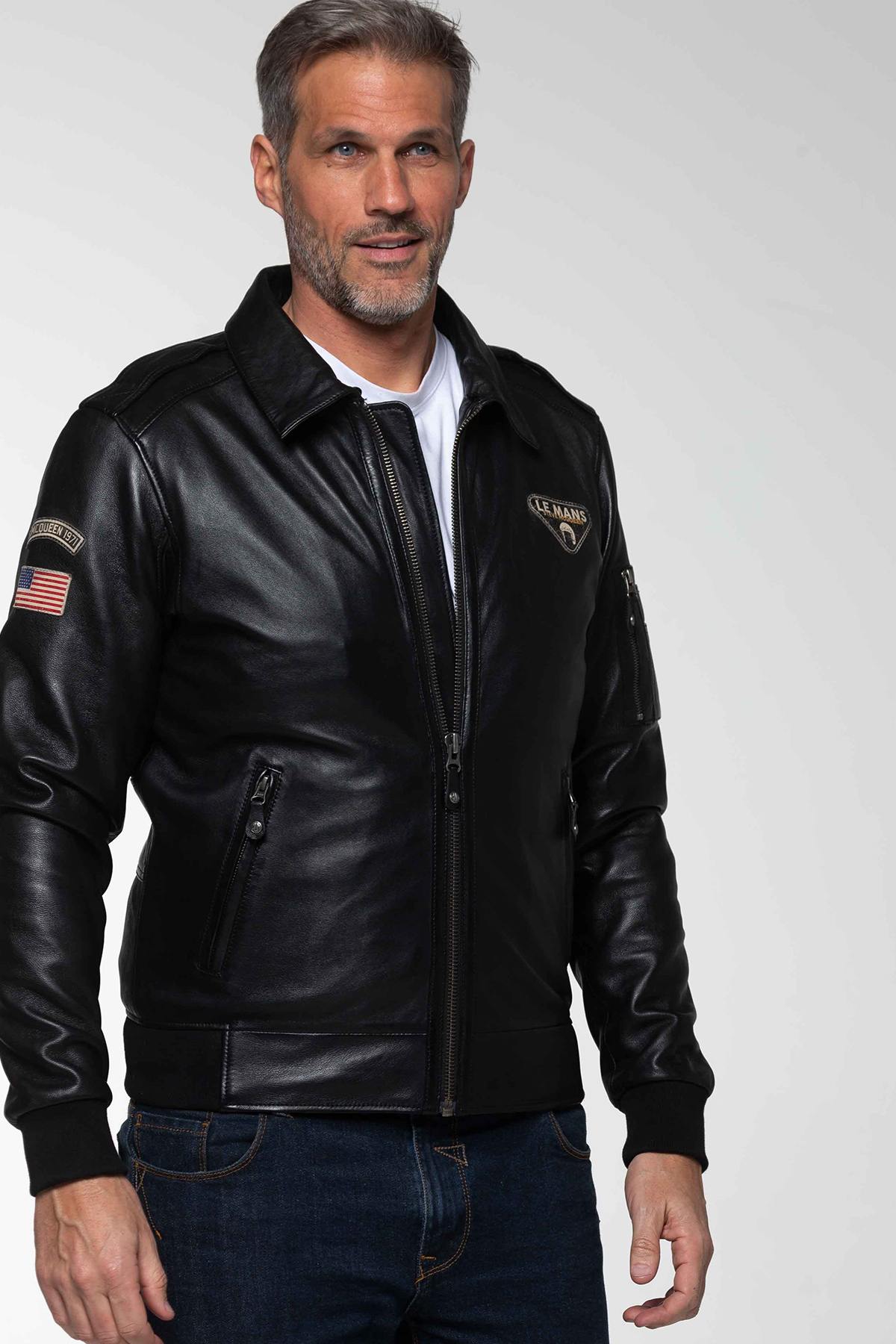 Steve McQueen black leather jacket with fur-lined shirt collar - Image n°4