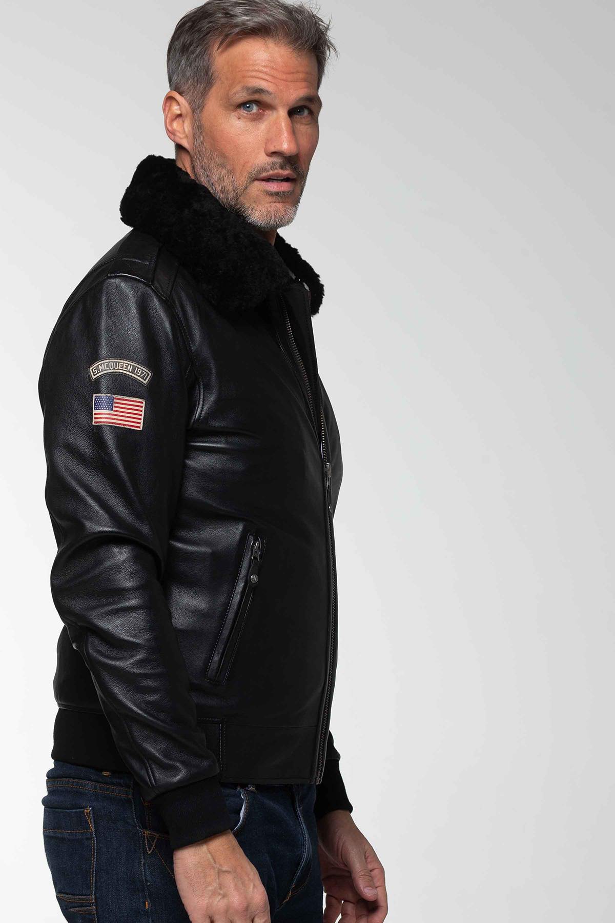 Steve McQueen black leather jacket with fur-lined shirt collar - Image n°6