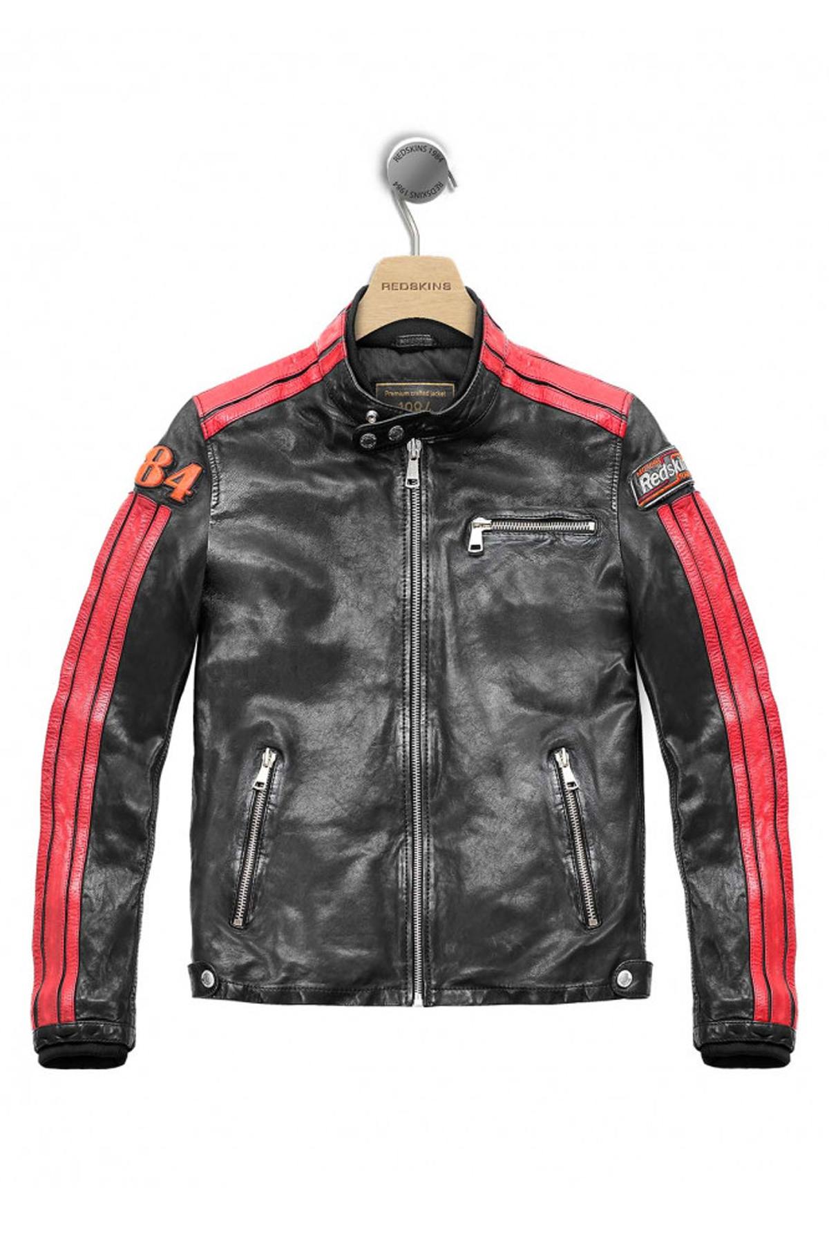 Black leather jacket with red stripes racing style - Image n°1