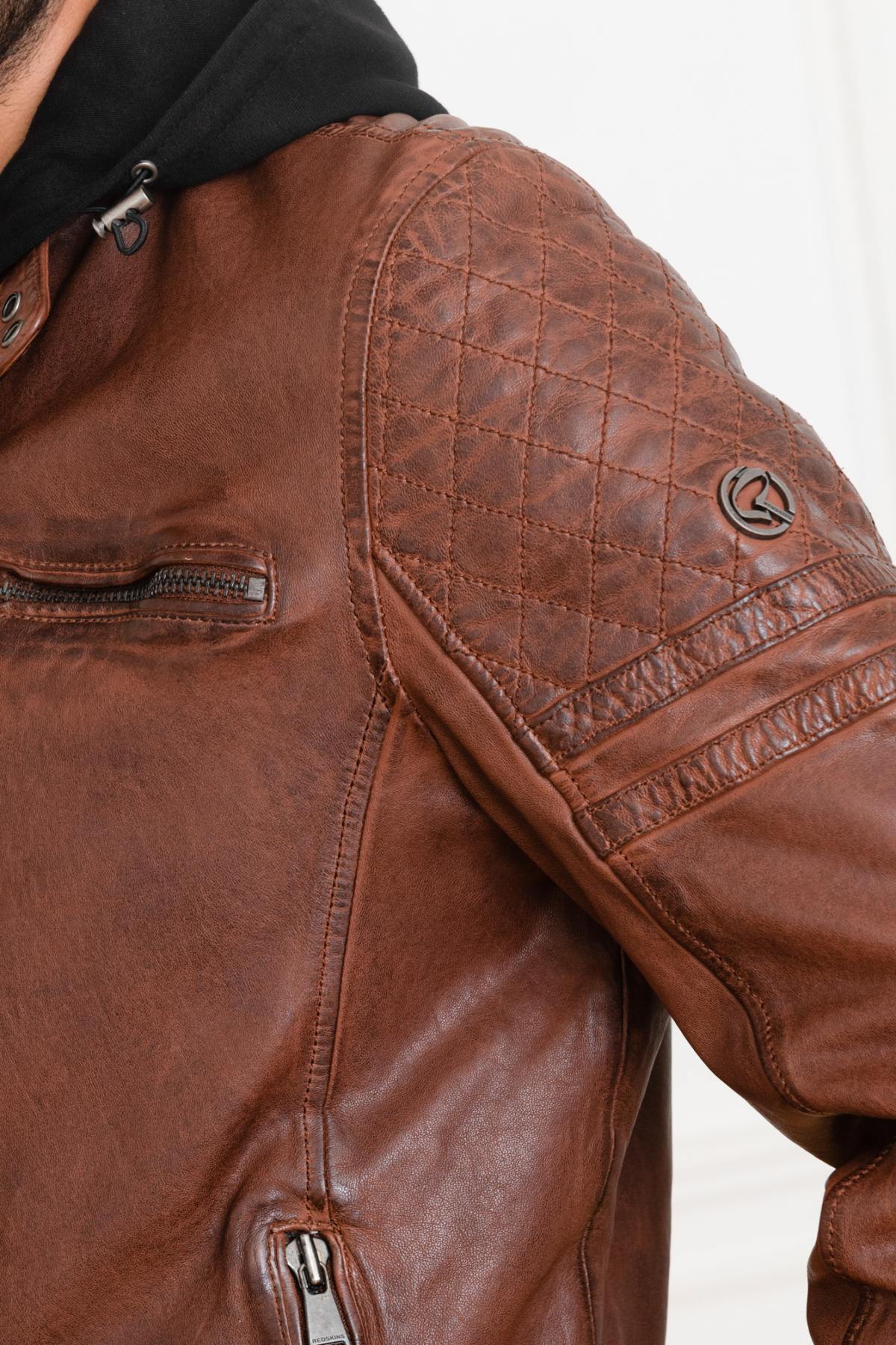 Cognac leather jacket with removable hood - Image n°6