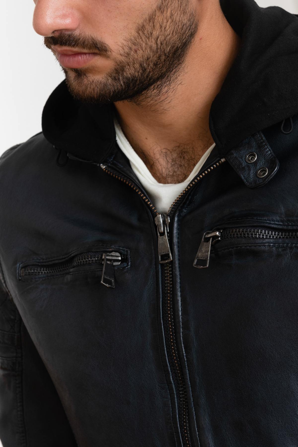 Navy blue leather jacket with removable hood - Image n°6