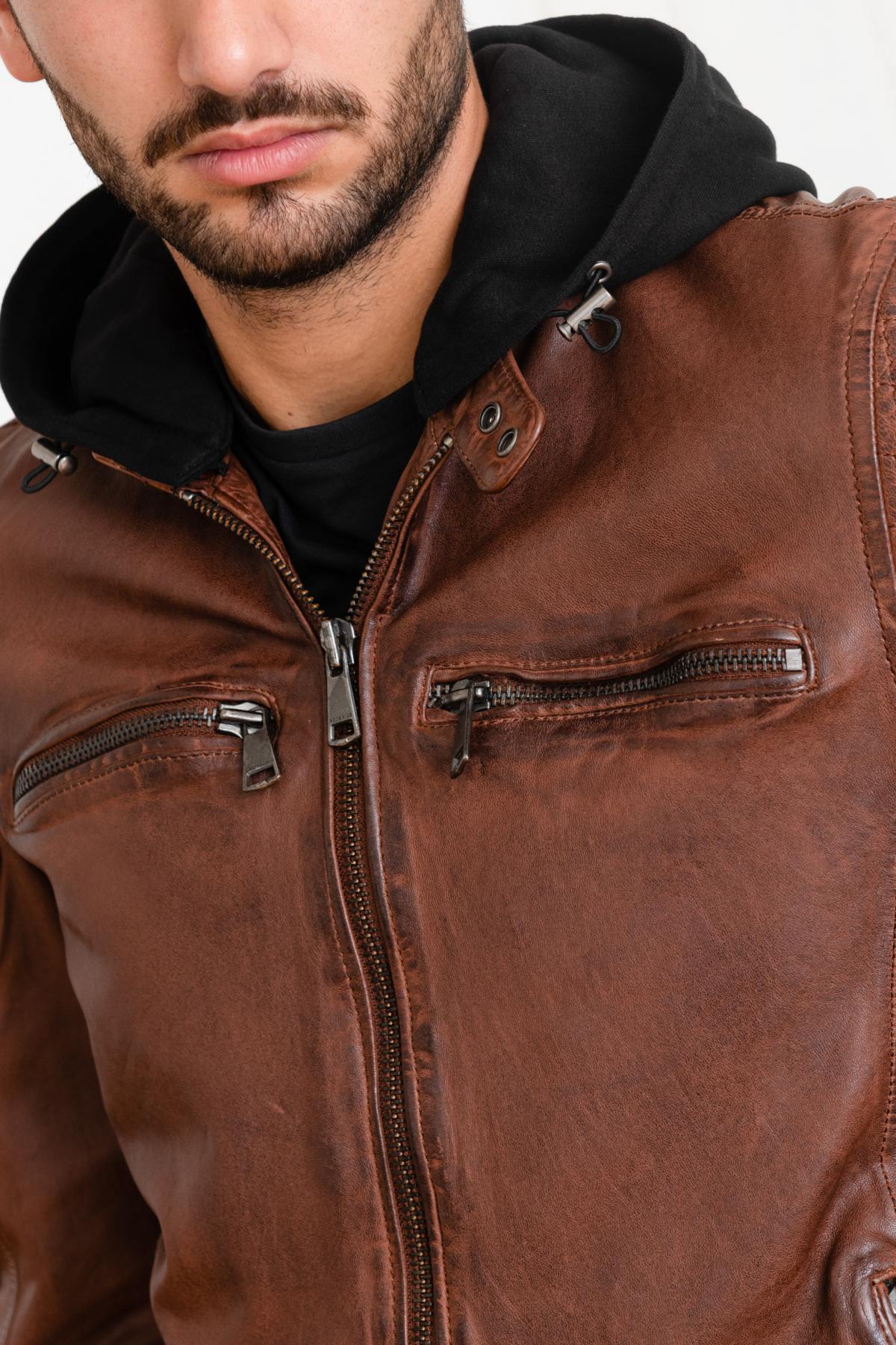 Cognac leather jacket with removable hood - Image n°7