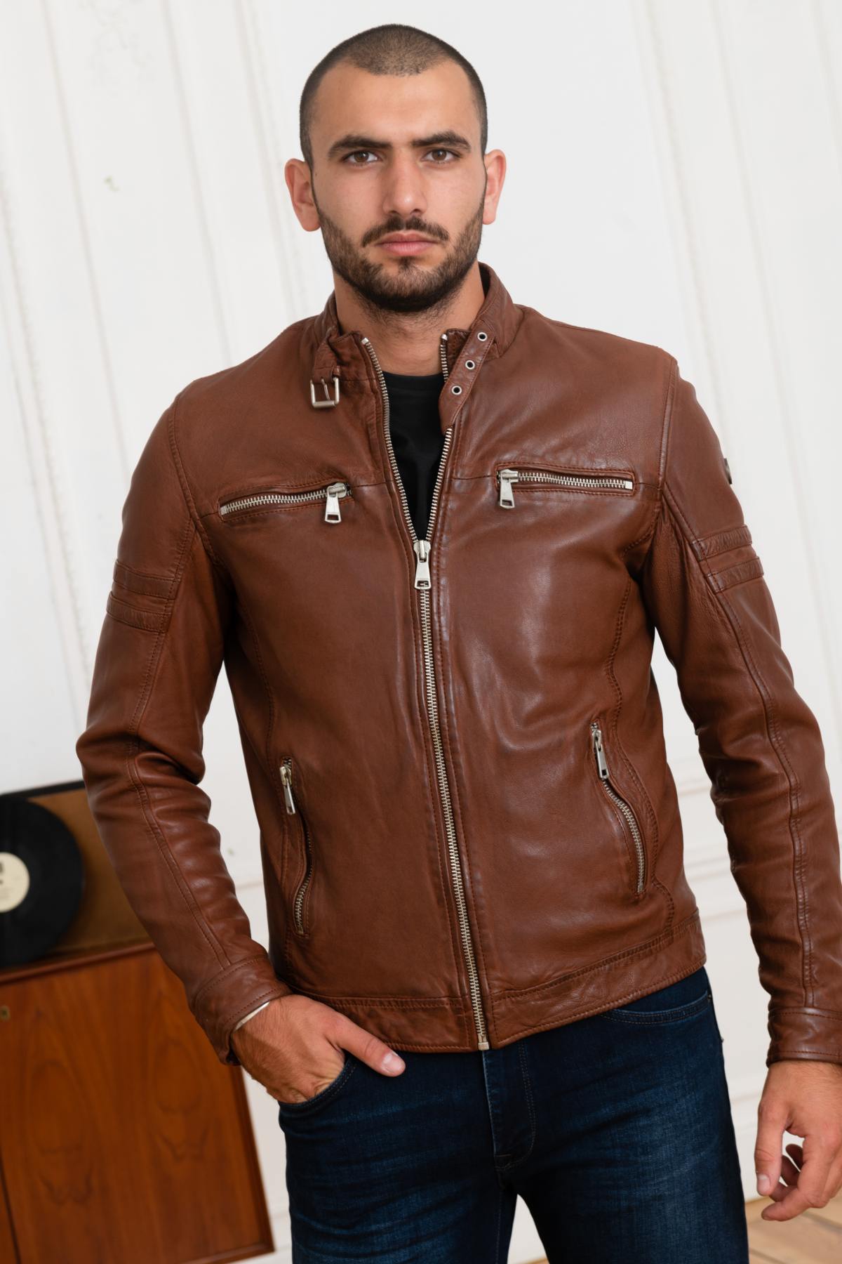 Cognac leather jacket with biker collar - Image n°1