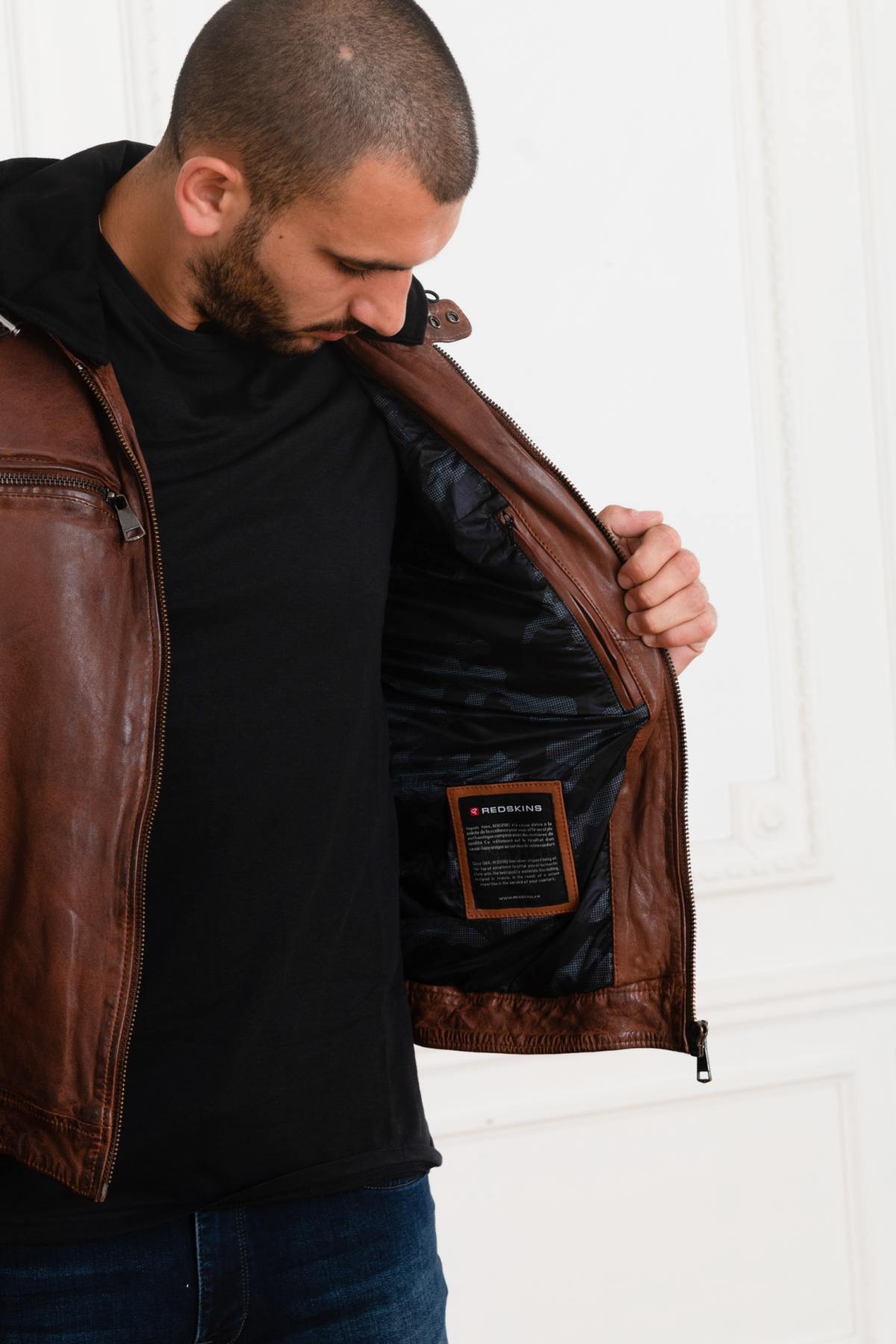 Cognac leather jacket with removable hood - Image n°4