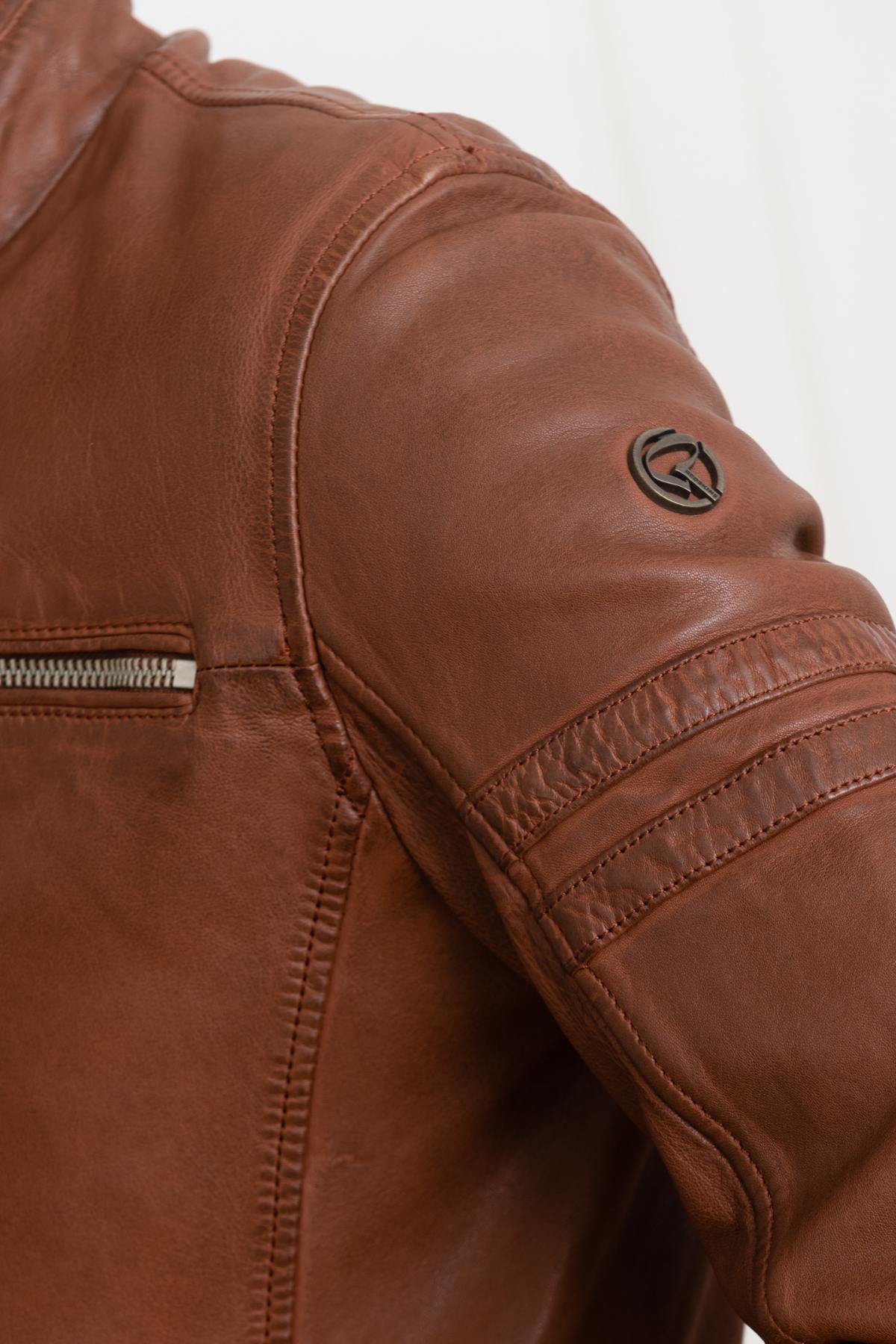 Cognac leather jacket with biker collar - Image n°8