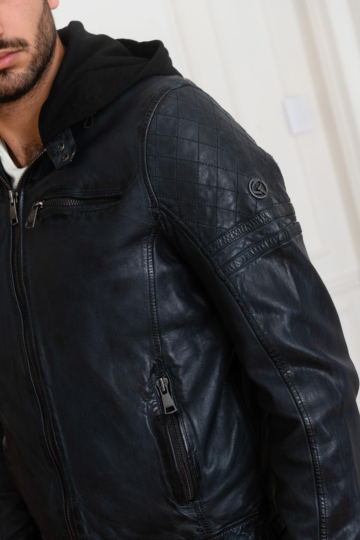 Navy blue leather jacket with removable hood - Image n°7