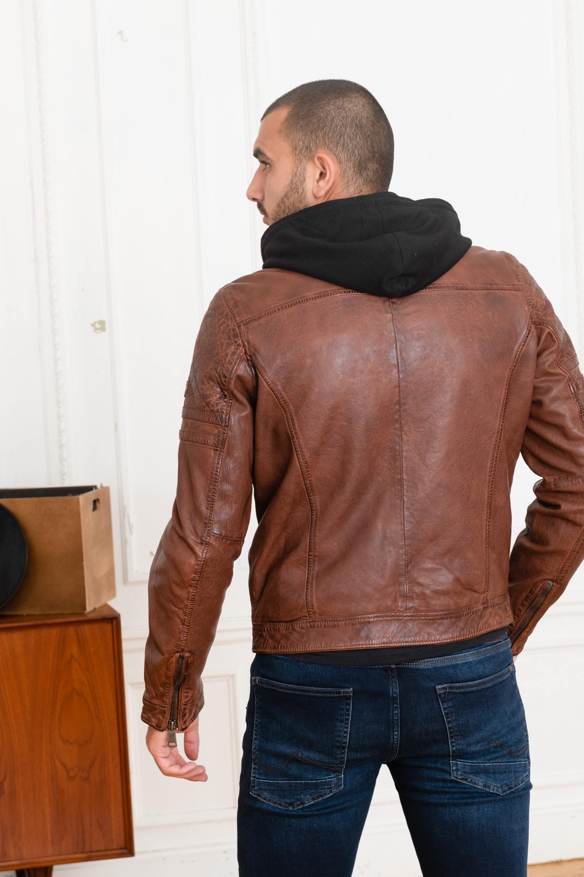 Cognac leather jacket with removable hood - Image n°5