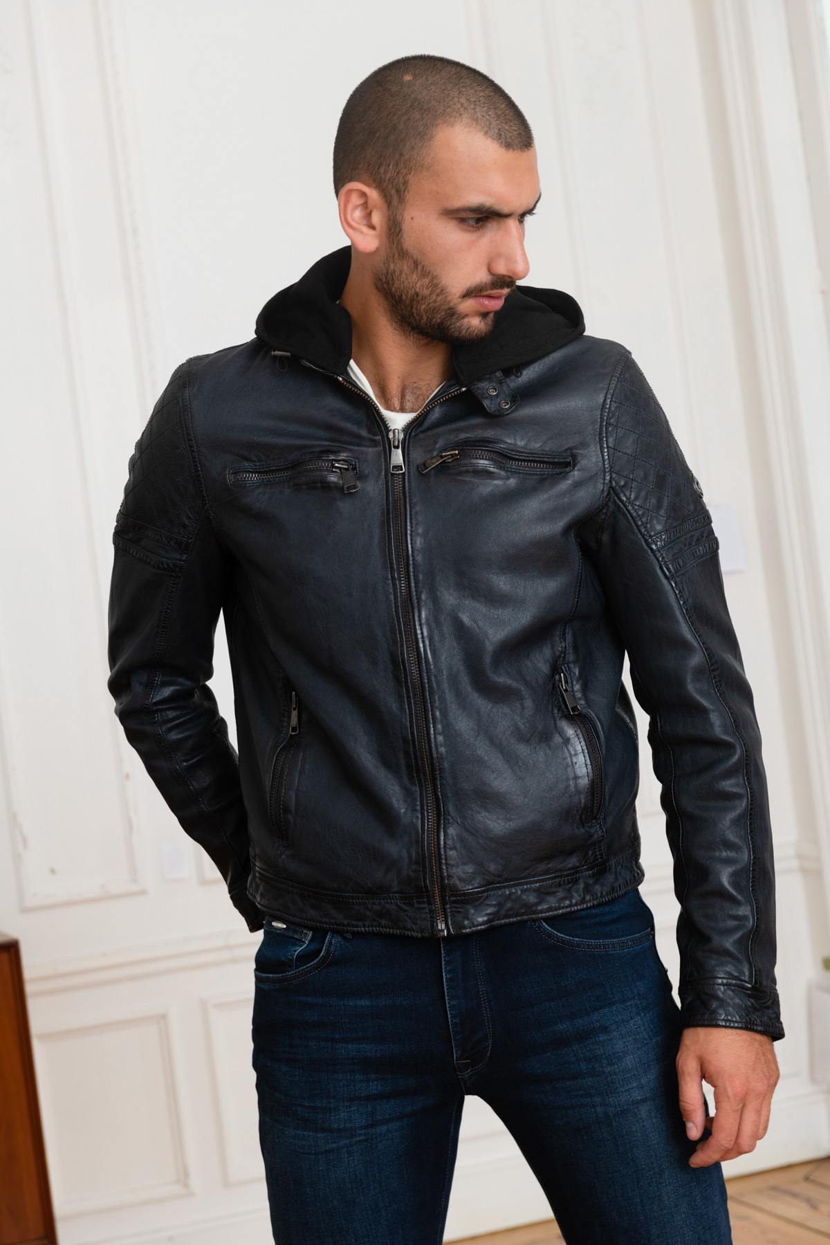 Navy blue leather jacket with removable hood - Image n°3