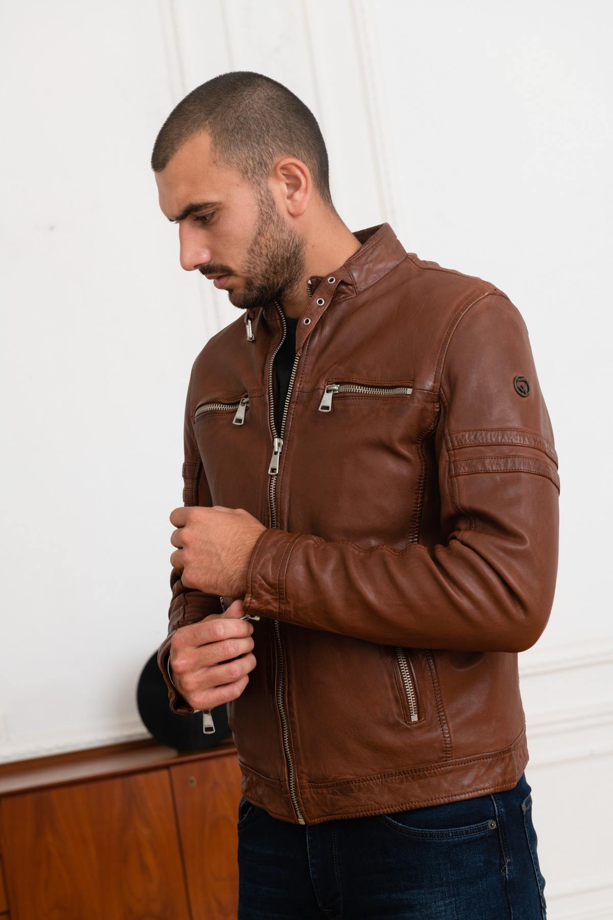 Cognac leather jacket with biker collar - Image n°4