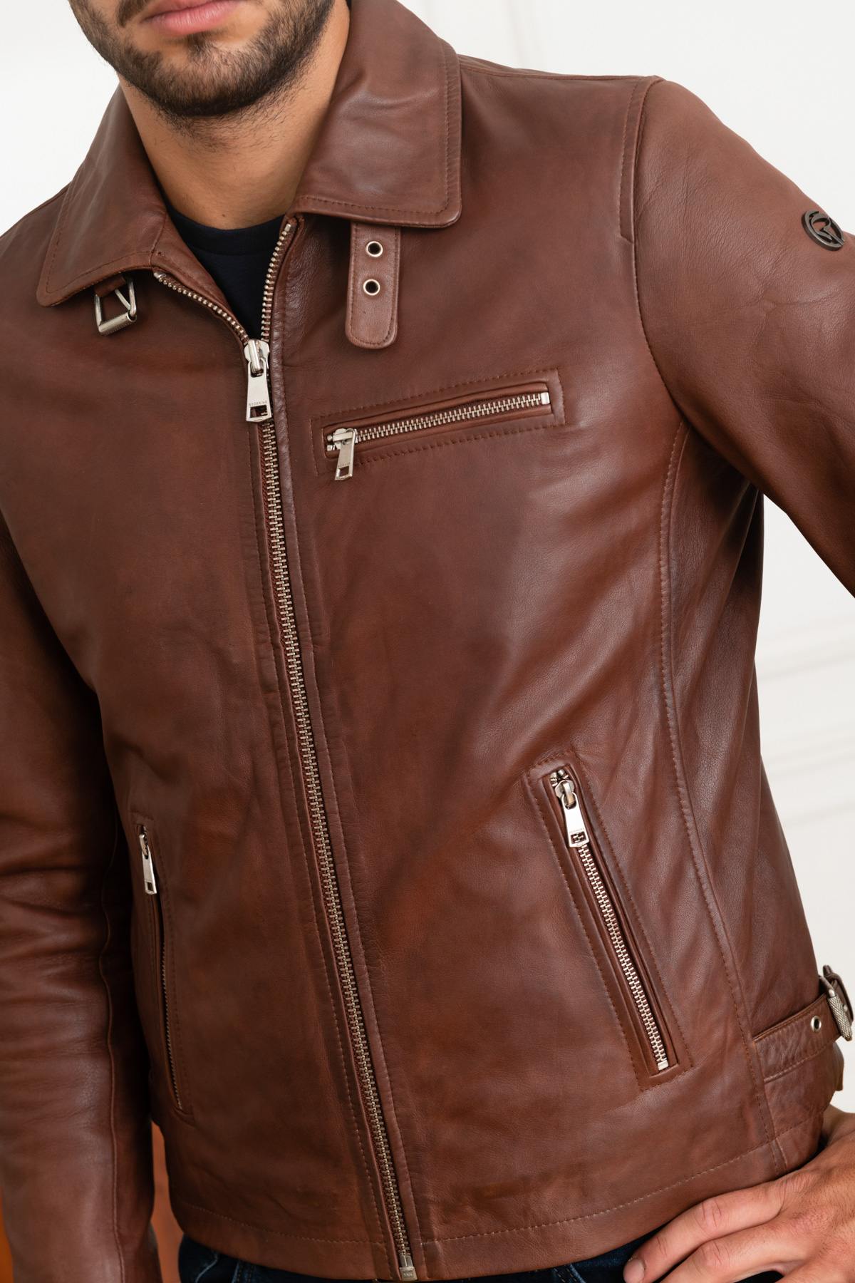 Cognac leather shirt collar jacket - Image n°7