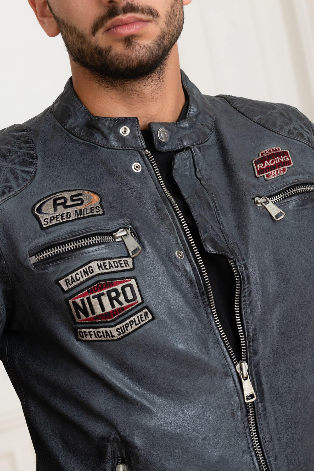 Gray leather racing jacket - Image n°7