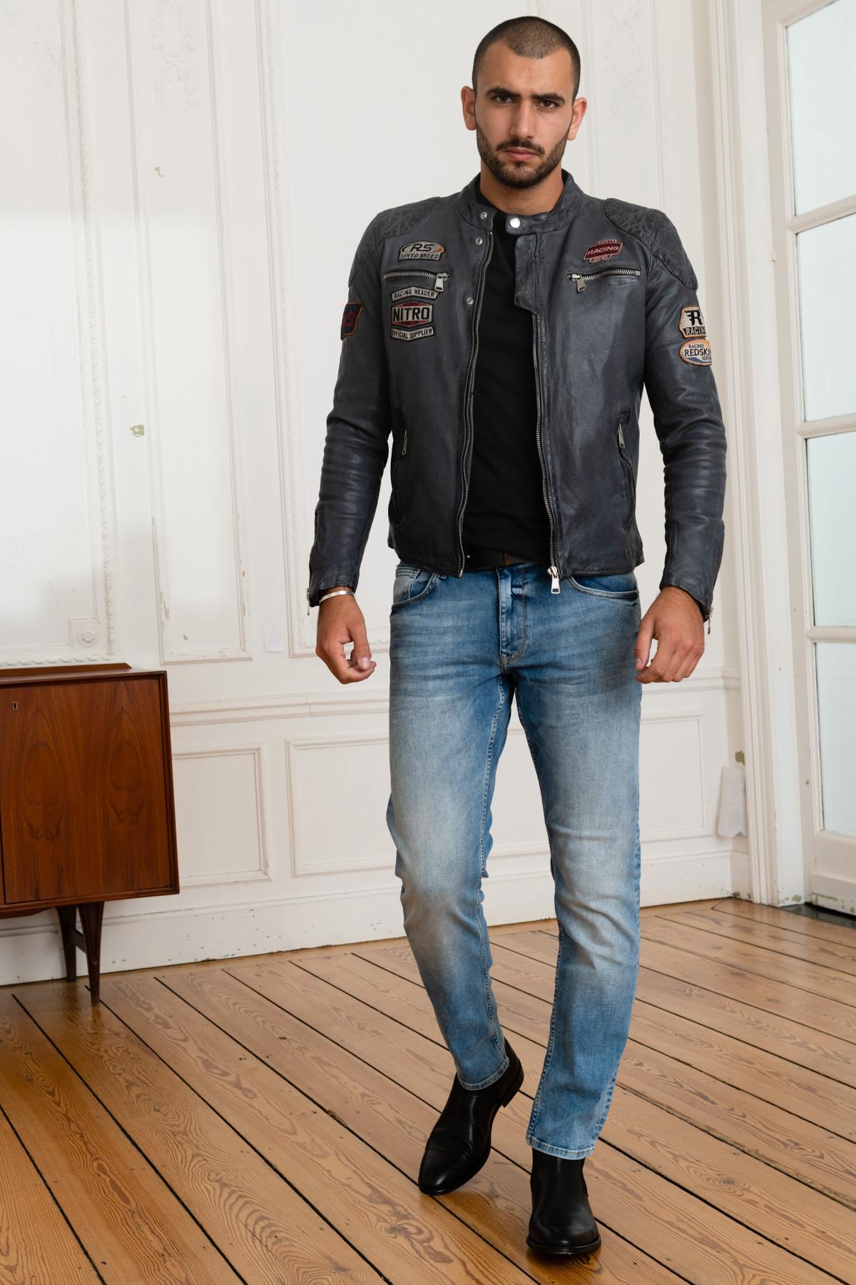 Gray leather racing jacket - Image n°2